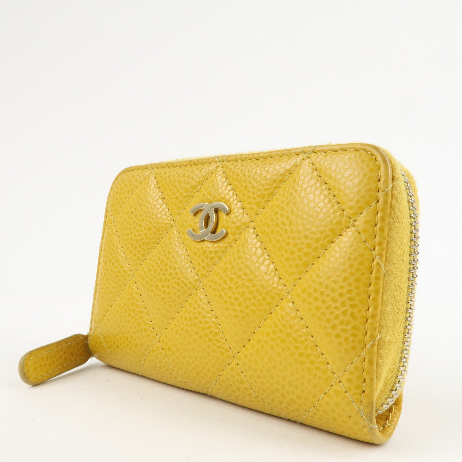 CHANEL Matelasse Caviar Skin Round Zippy Coin Case Yellow A84511 Used