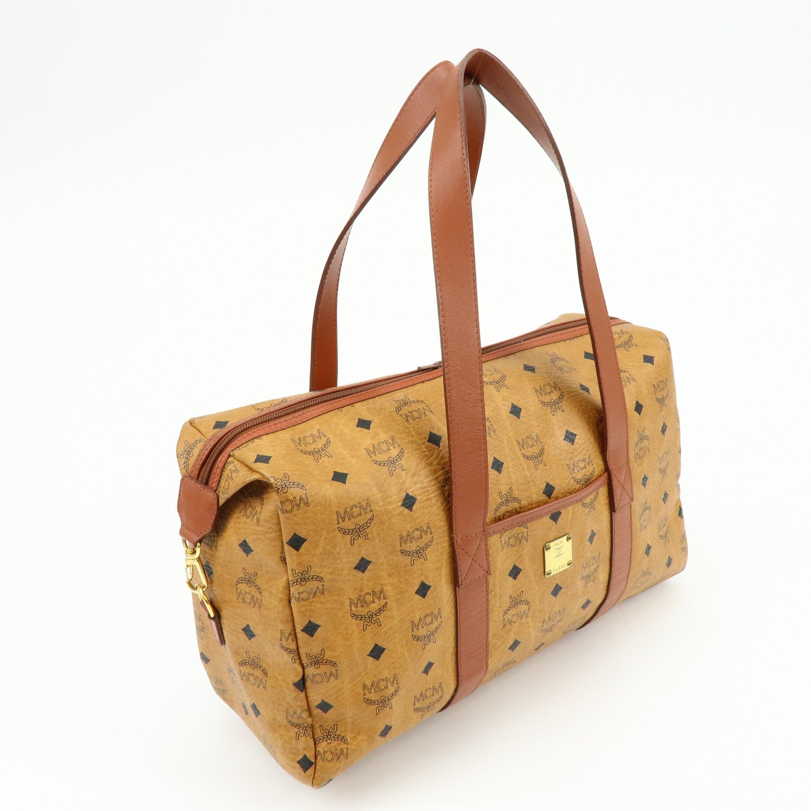 MCM Visetos PVC Leather Tote Bag Boston Bag Hand Bag Cognac Brown