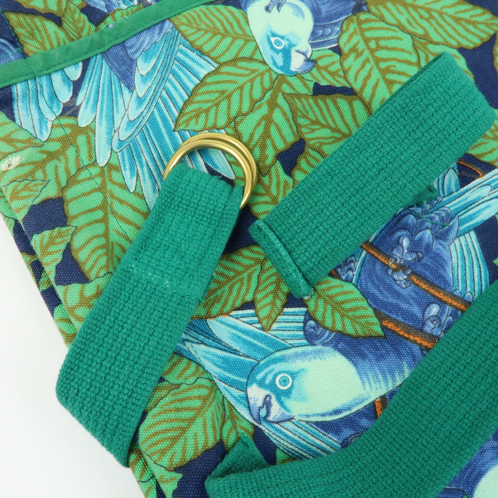 HERMES Canvas Large Beach Tote Bag Botanical Motif Blue Green