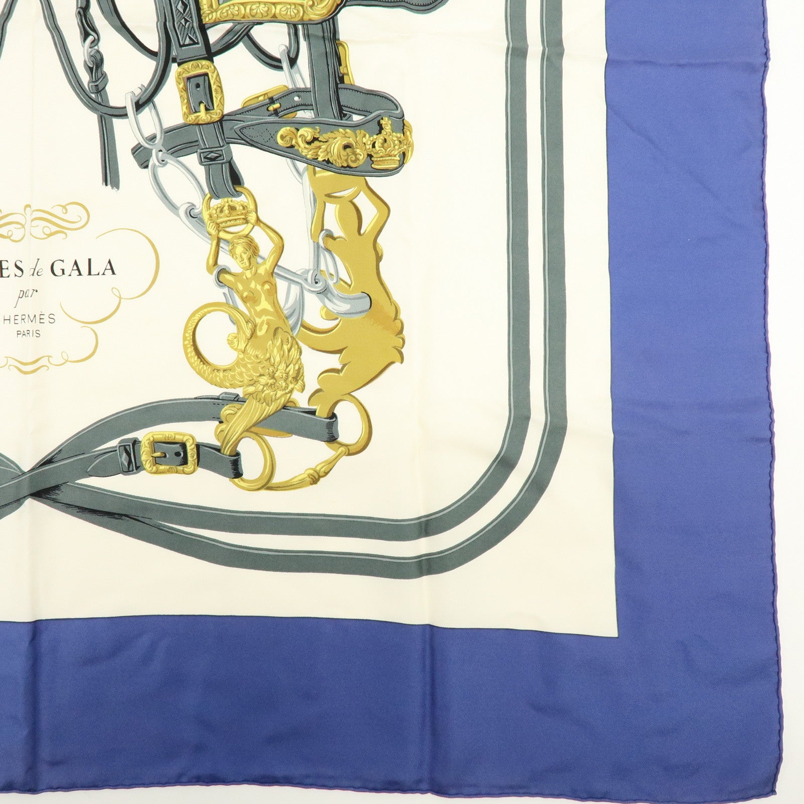 HERMES Carre 90 Silk 100% BRIDES DE GALA Scarf Ivory Blue