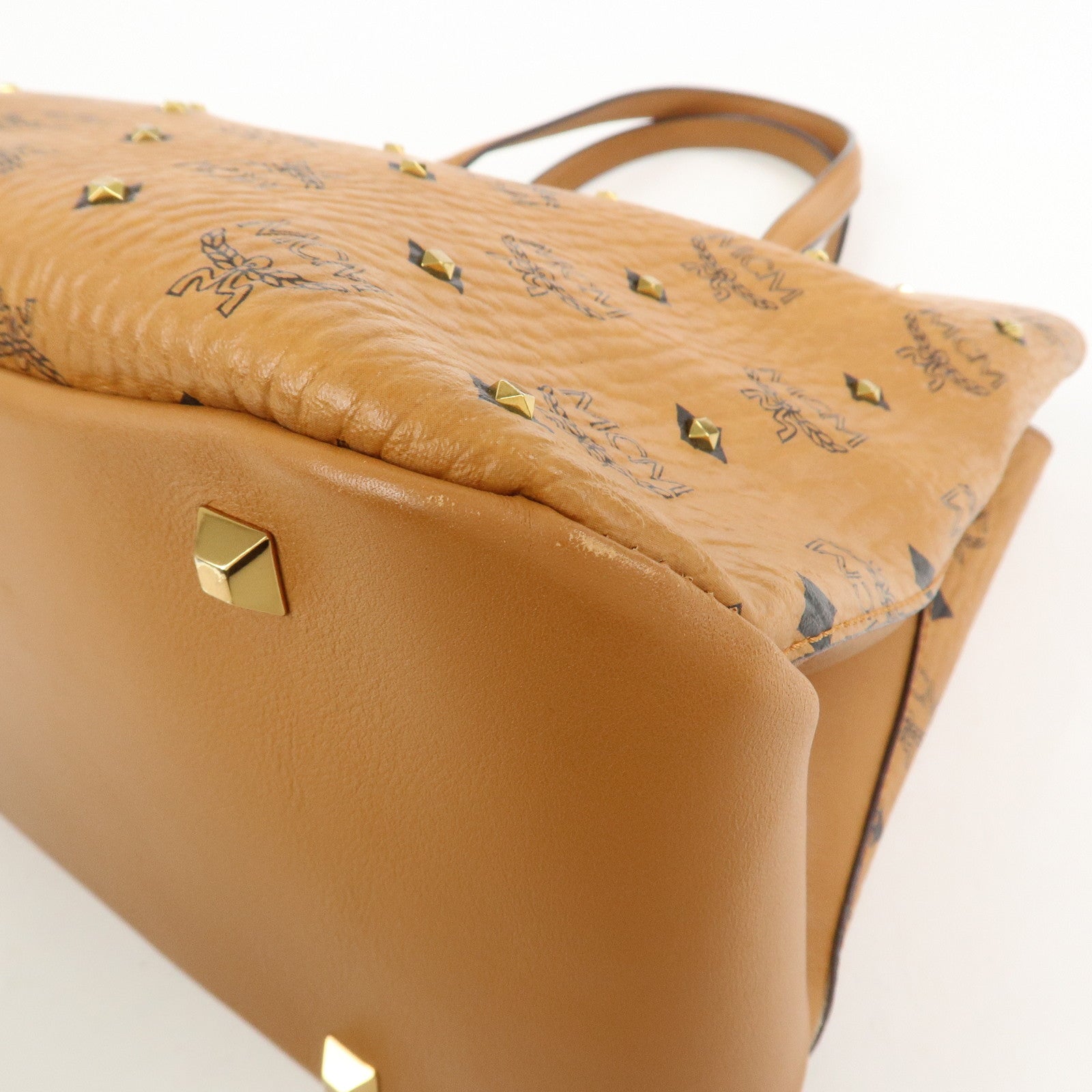 MCM Visetos PVC Leather 2Way Bag Hand Shoulder Bag Studs Cognac