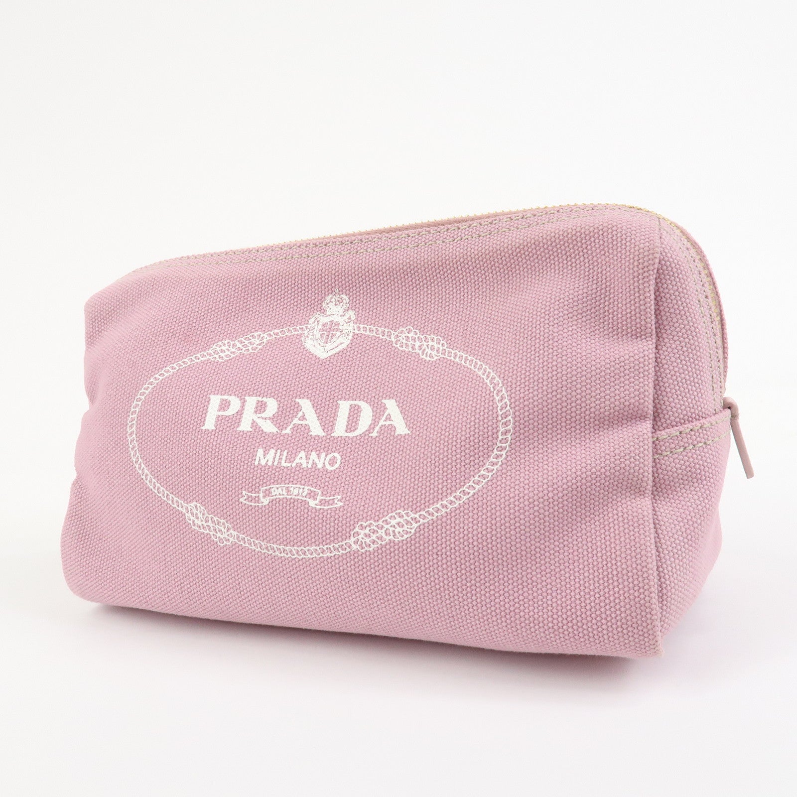PRADA Logo Canapa Canvas Cosmetic Pouch Makeup Bag Pink 1NA693