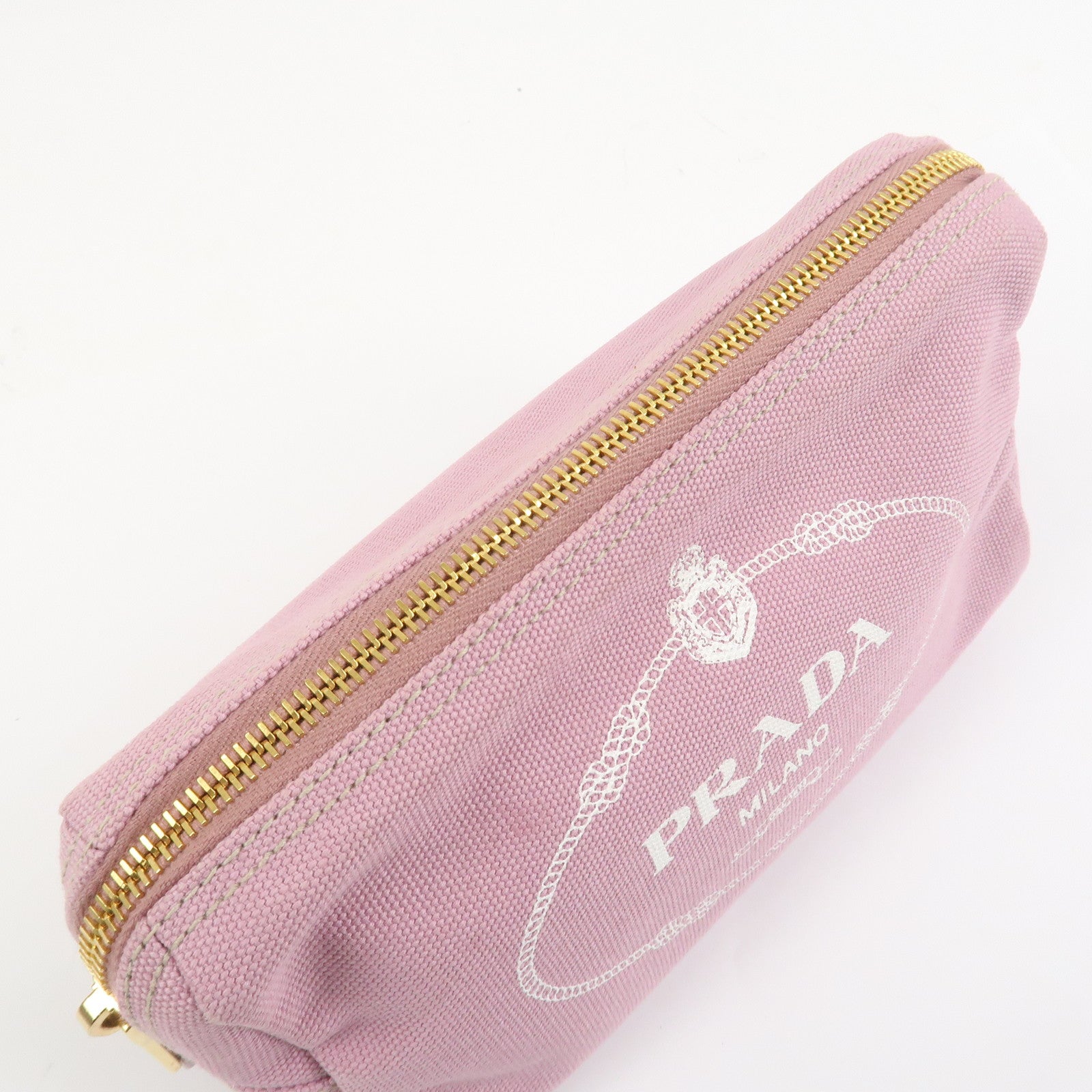 PRADA Logo Canapa Canvas Cosmetic Pouch Makeup Bag Pink 1NA693