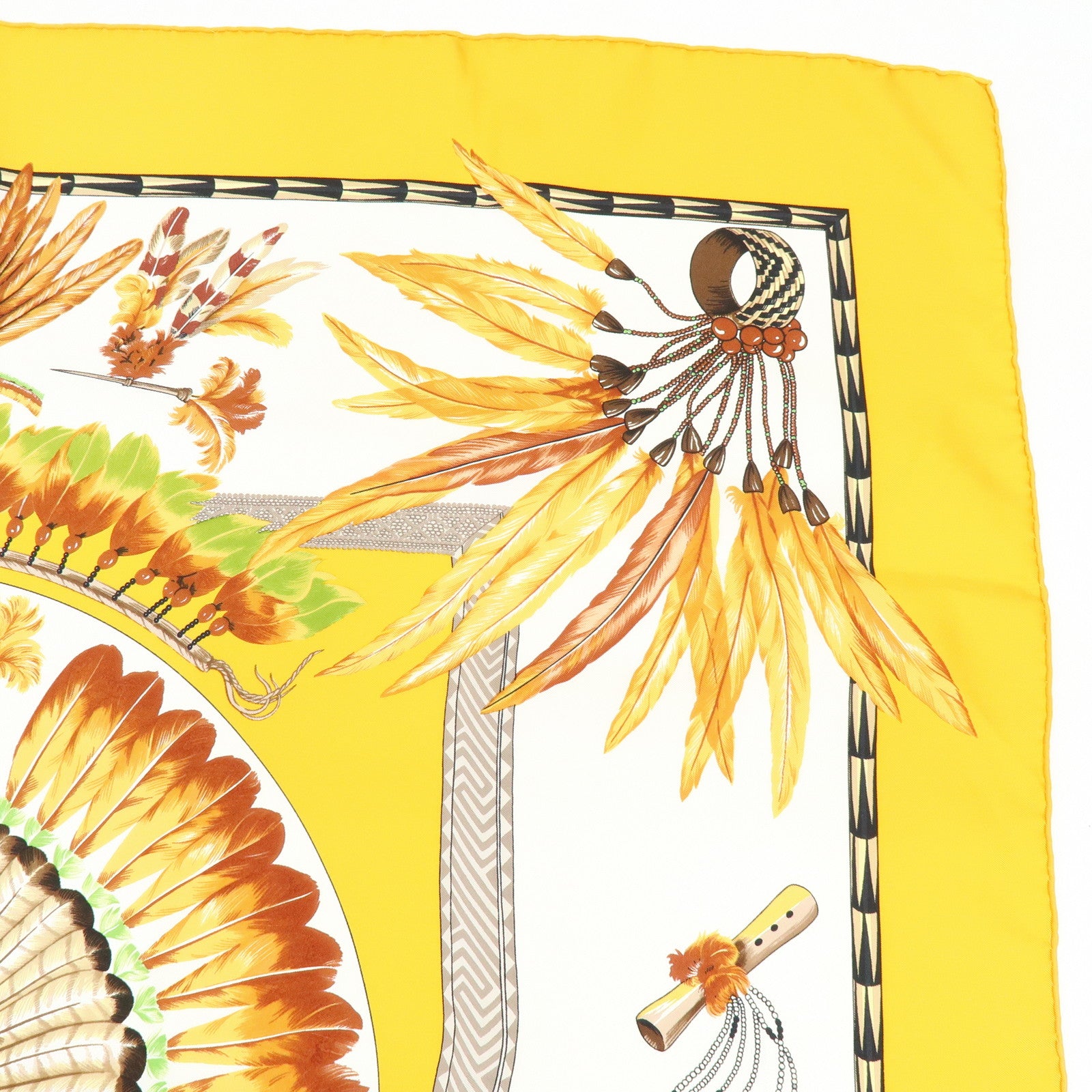 HERMES Carre 90 Silk 100% Scarf Brazil Yellow Brown