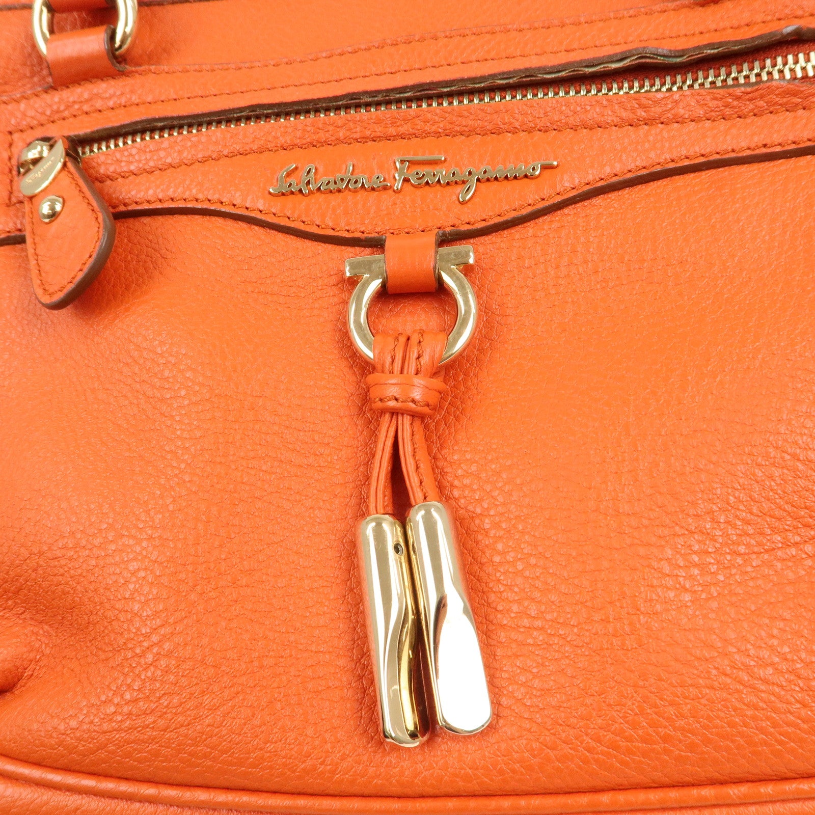 Ferragamo Gancini Leather Hand Bag Orange Gold HDW