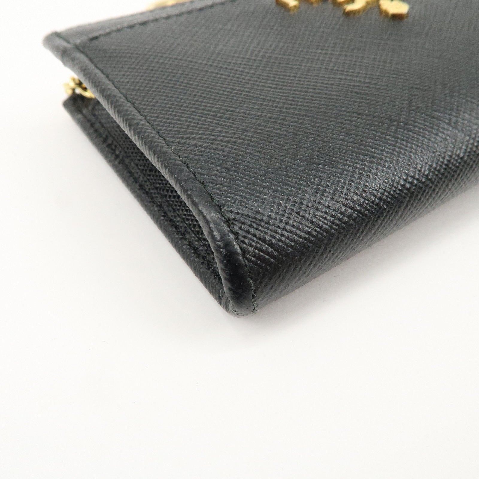 PRADA Triangle Logo Saffiano Leather Mini Wallet Key Ring Black 1PP122 Used