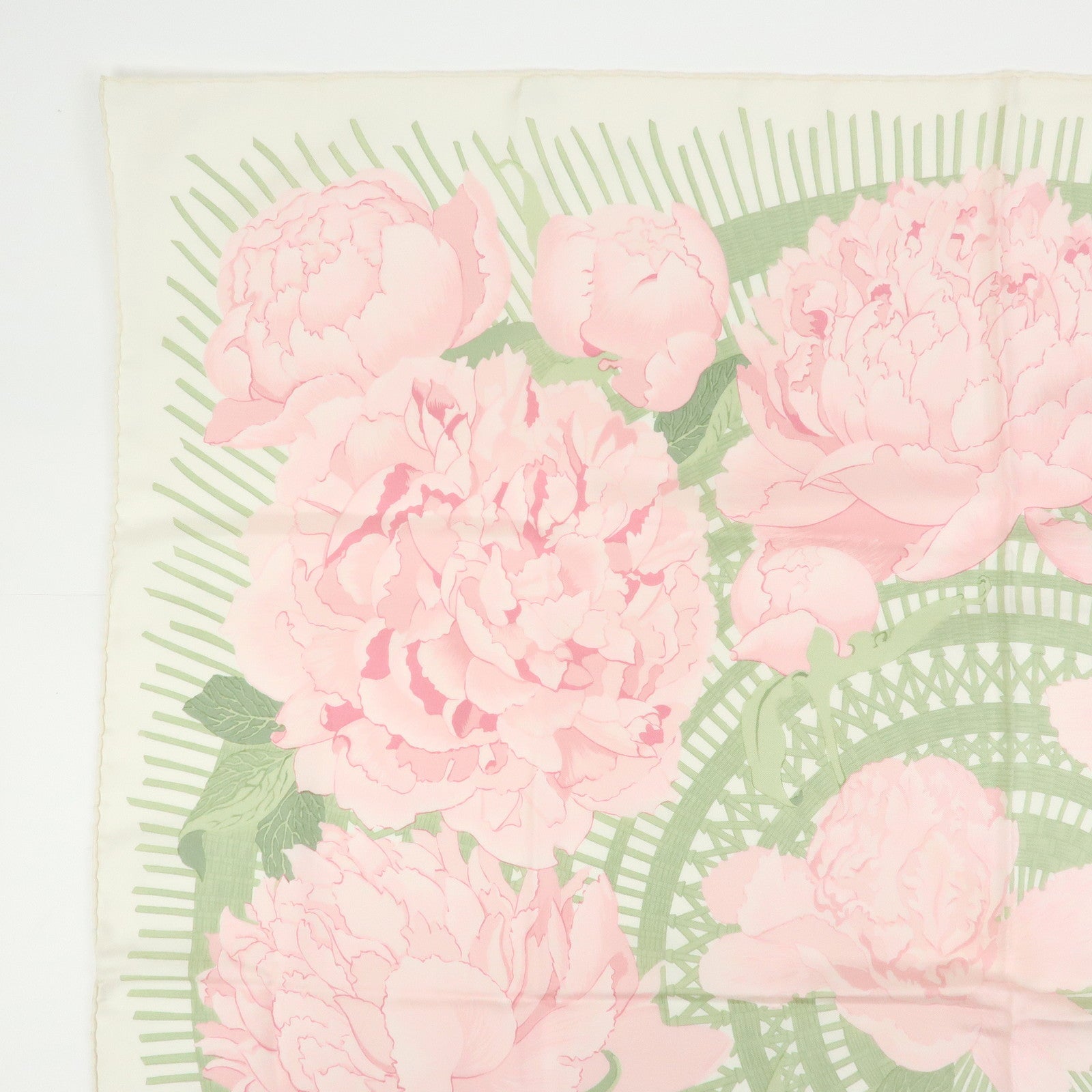 HERMES Carre 90 Silk 100% Scarf Les Pivoines Pink Light Green