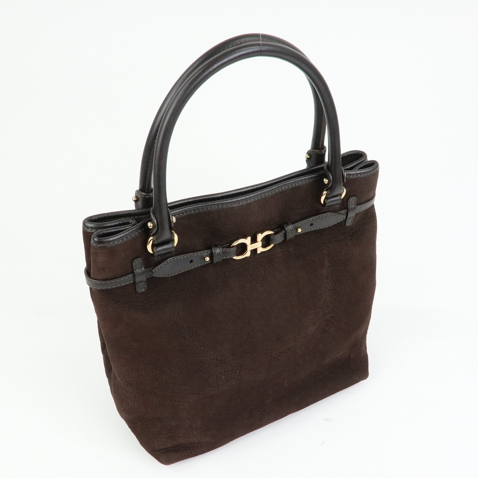 Ferragamo Gancini Suede Leather Tote Bag Hand Bag Brown