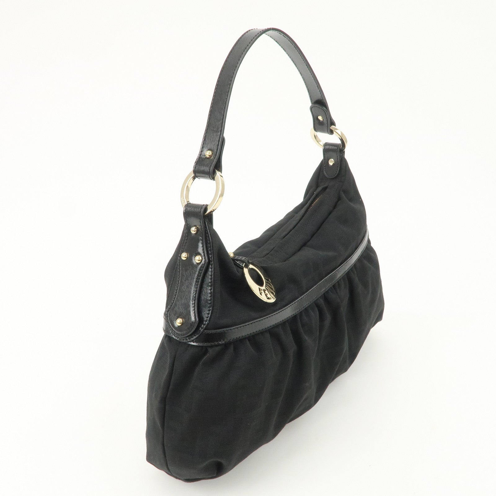 FENDI Zucca Canvas Leather Gathered Shoulder Bag Black 8BR448