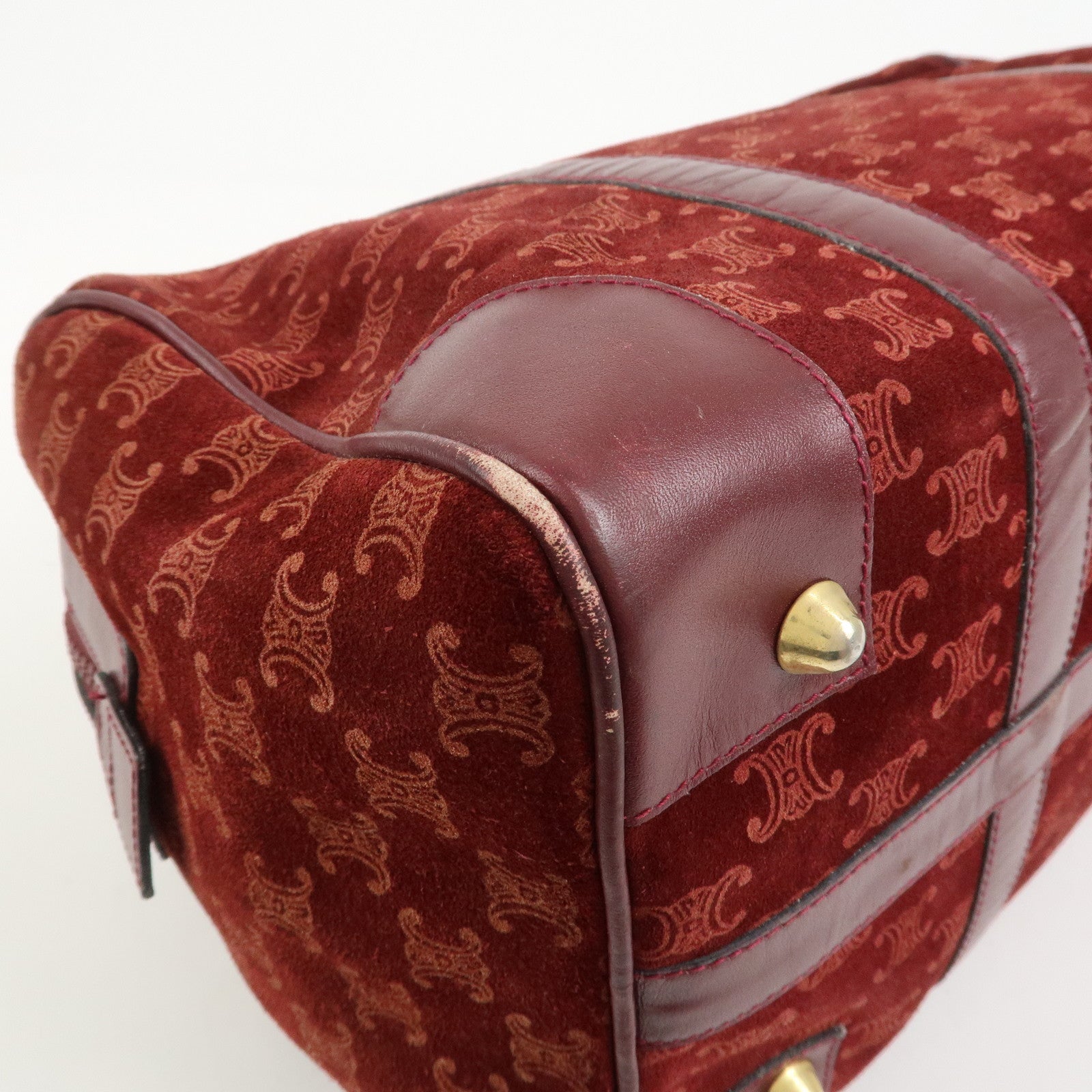 CELINE Macadam Logo Suede Leather Boston Bag Hand Bag Red Brown