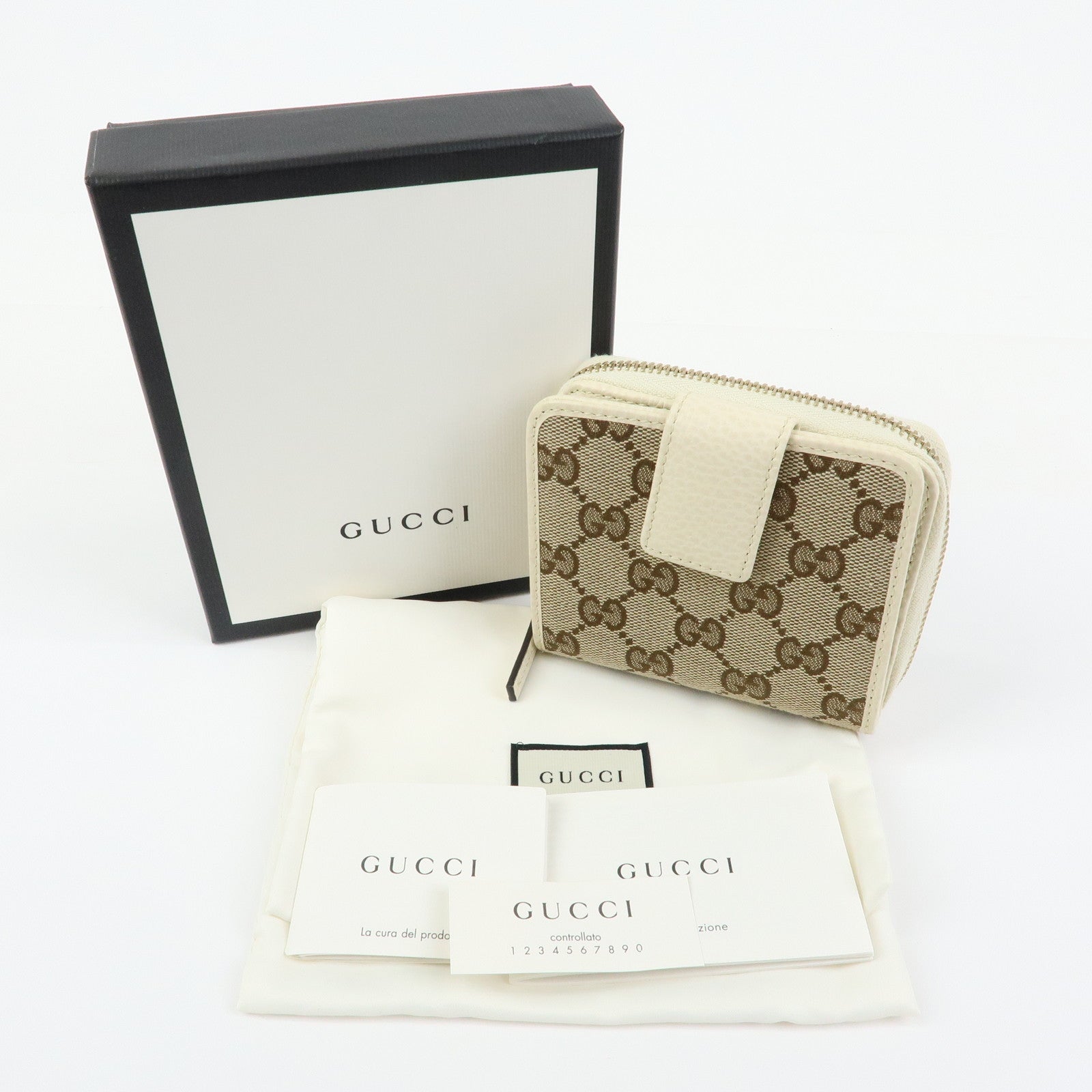 GUCCI GG Canvas Leather Bi-fold Compact Wallet Beige 346056