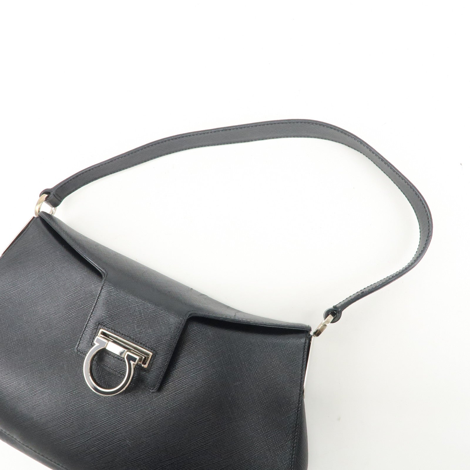 Ferragamo Gancini Leather Shoulder Bag Hand Bag Black Silver HDW