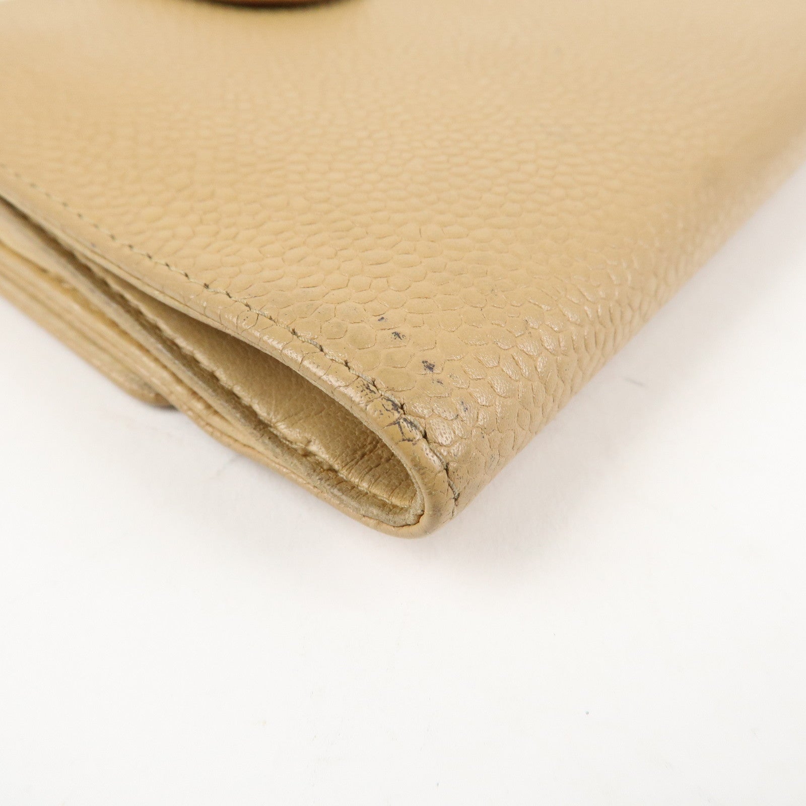 CHANEL COCO Mark Caviarskin W Hook Bi-fold Wallet Beige Used