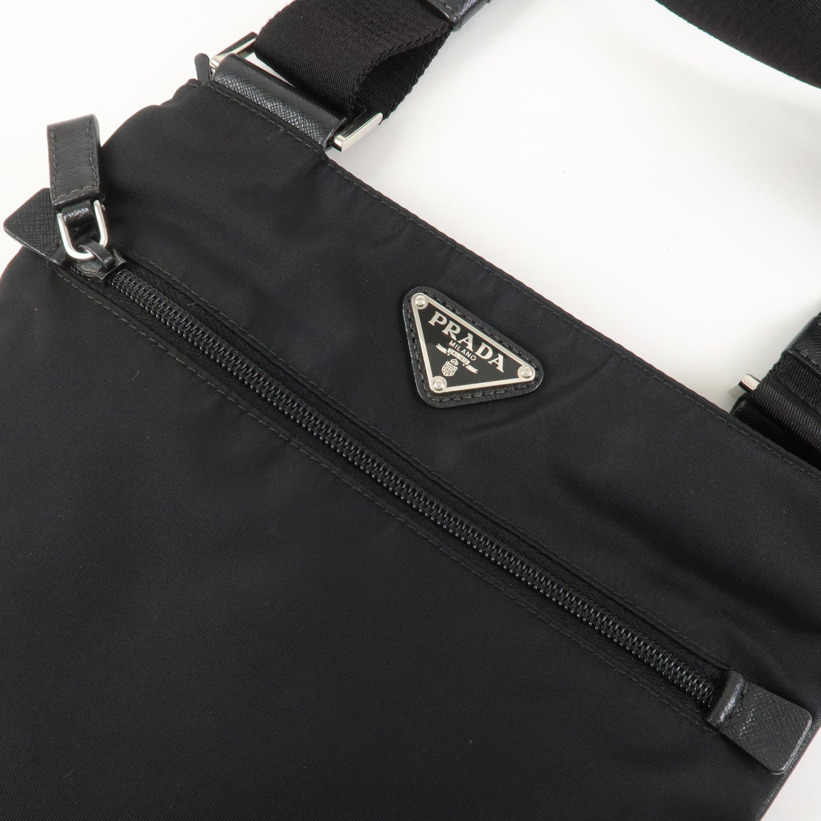 PRADA Triangle Logo Nylon Leather Shoulder Bag Black 1BH978