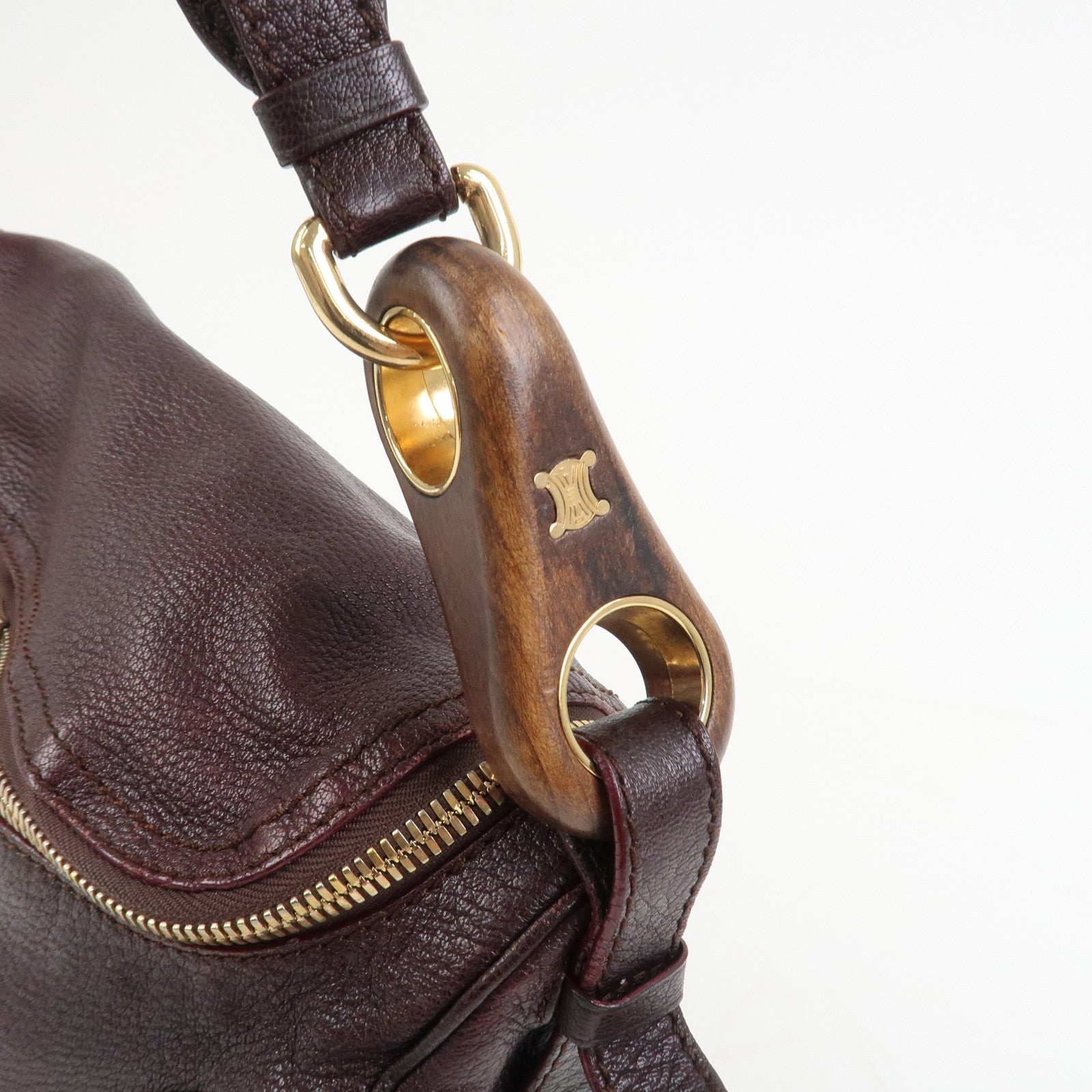 CELINE Macadam Leather Wood Shoulder Bag Hand Bag Brown