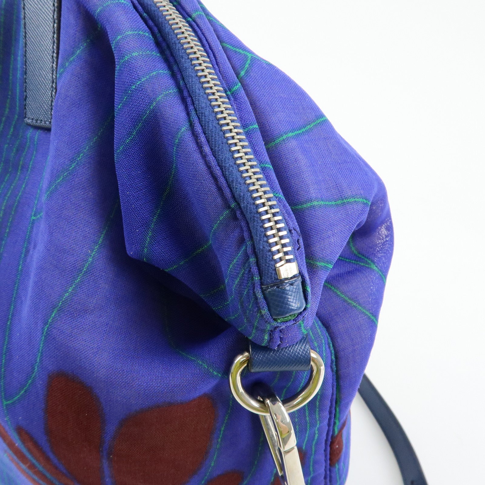 PRADA Triangle Logo Linen Leather 2Way Bag Flower Motif Blue BR4696