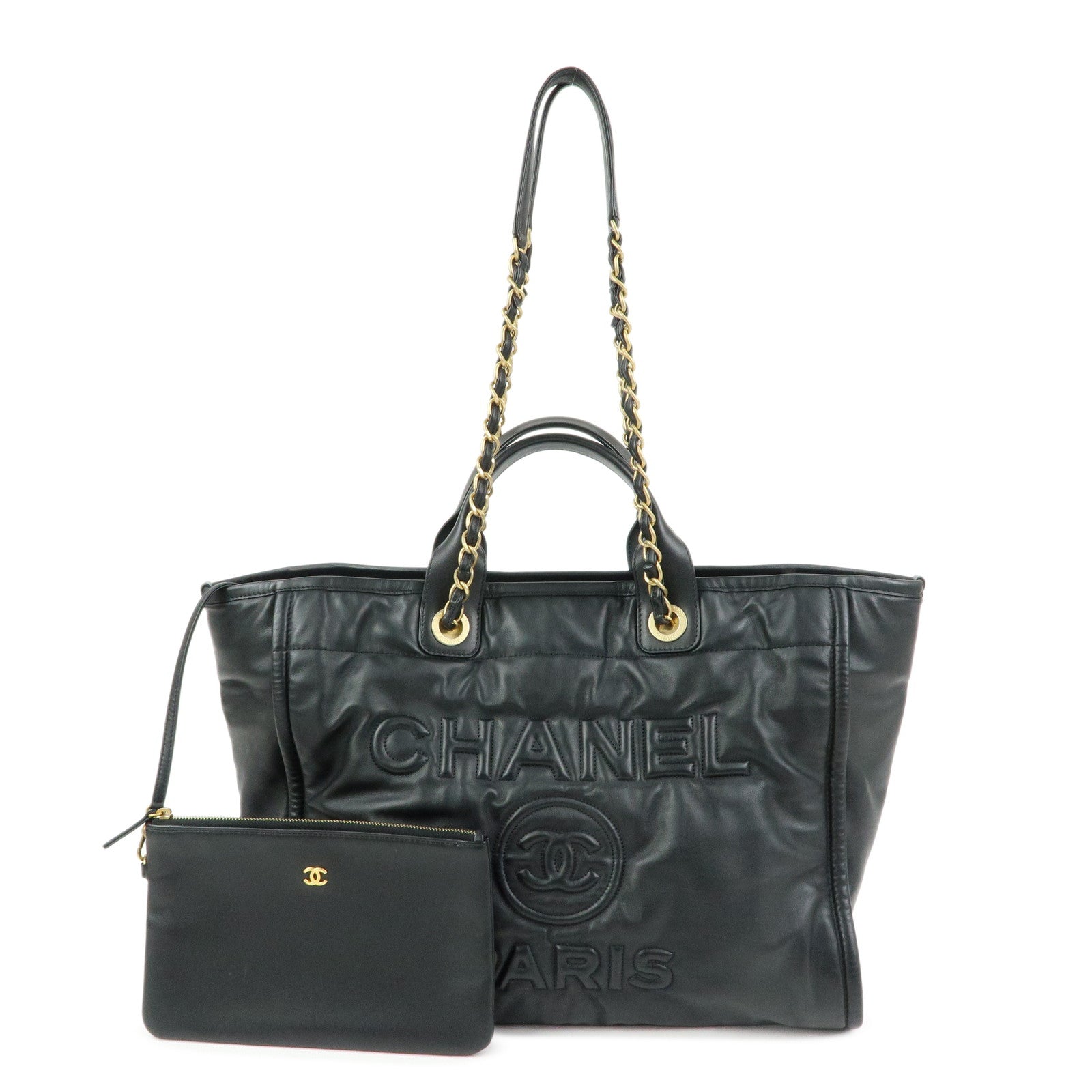 CHANEL Deauville GM Lamb Skin 2Way Shoulder Tote Bag Black A66941