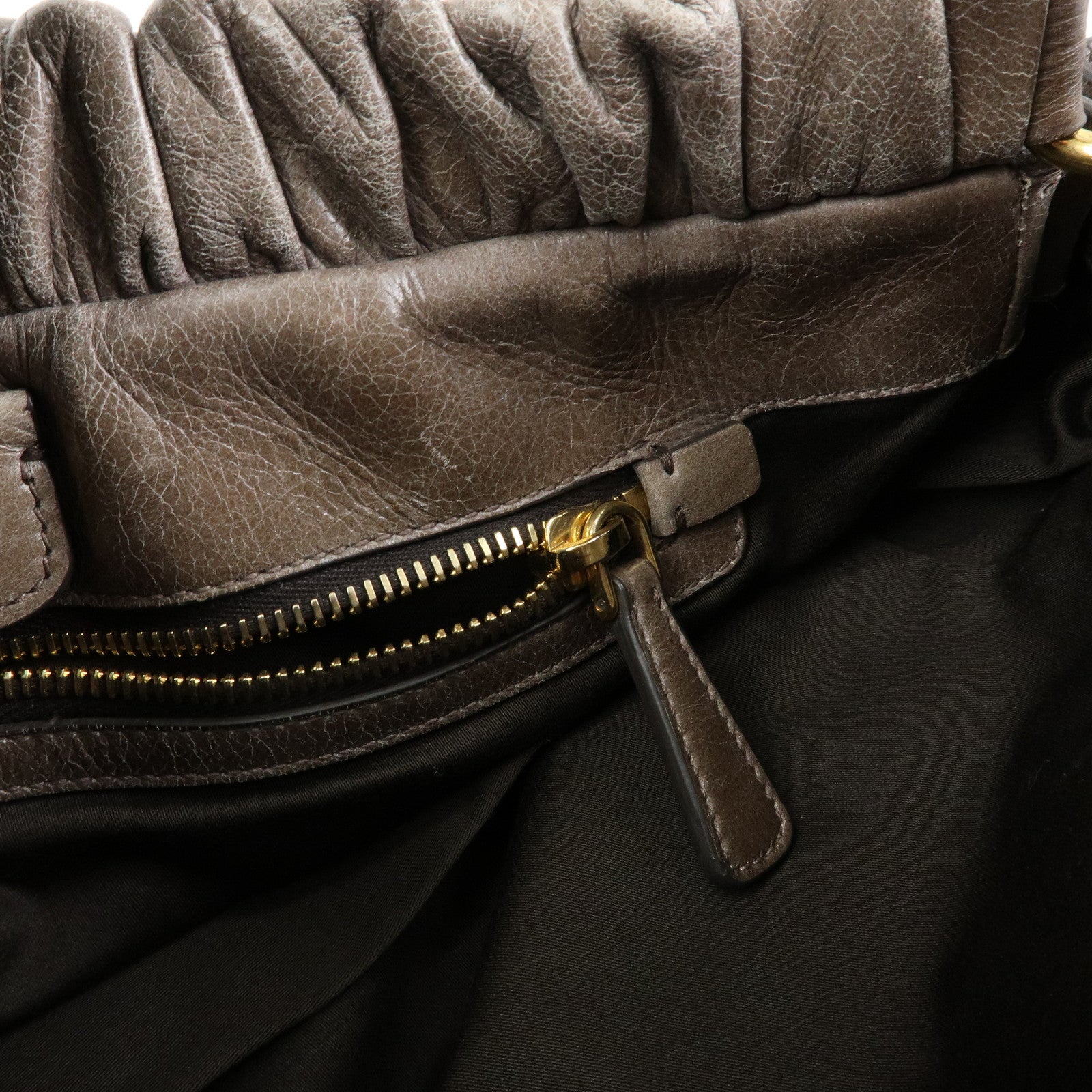 MIU MIU Logo Leather Hand Bag Tote Bag Gray Gold