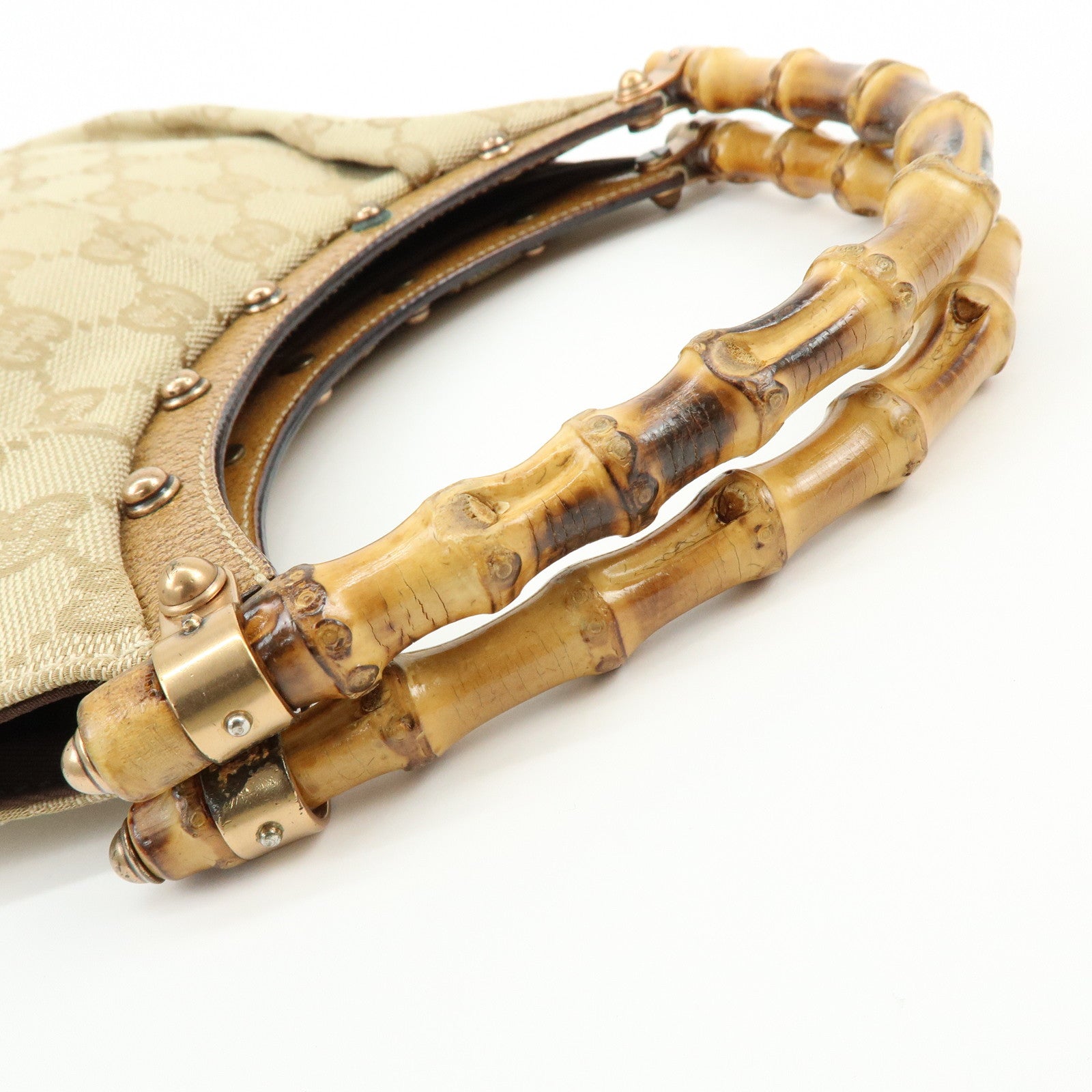 GUCCI GG Canvas Bamboo Leather Hand Bag Tote Bag Beige 124297