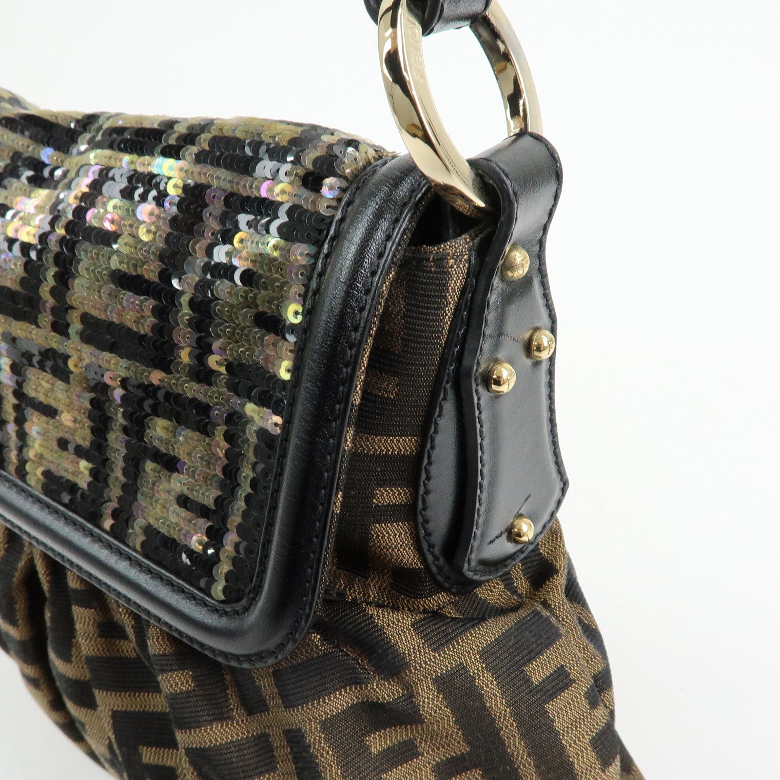 FENDI Zucca Canvas Leather Sequined Shoulder Bag Brown 8BR436