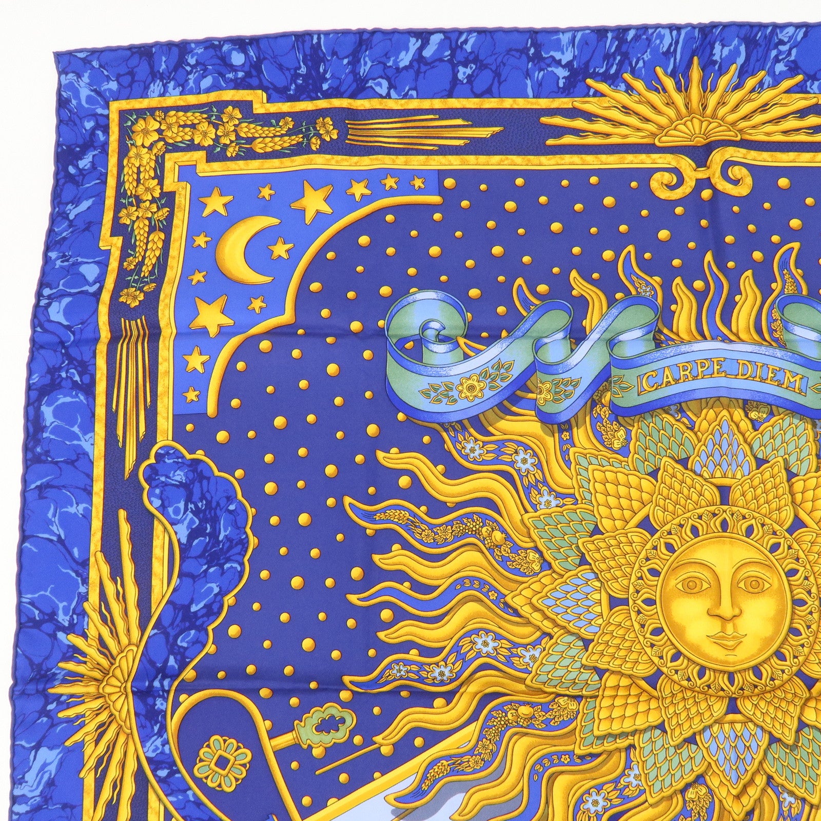 HERMES Carre 90 Silk 100% Scarf CARPE DIEM Blue Yellow