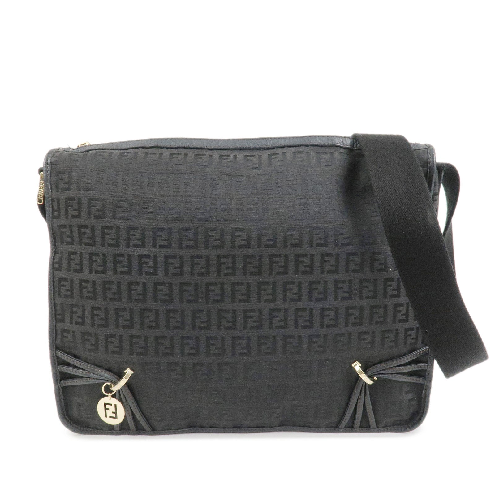 FENDI Zucchino Canvas Leather Shoulder Crossbody Bag Black 8BT090