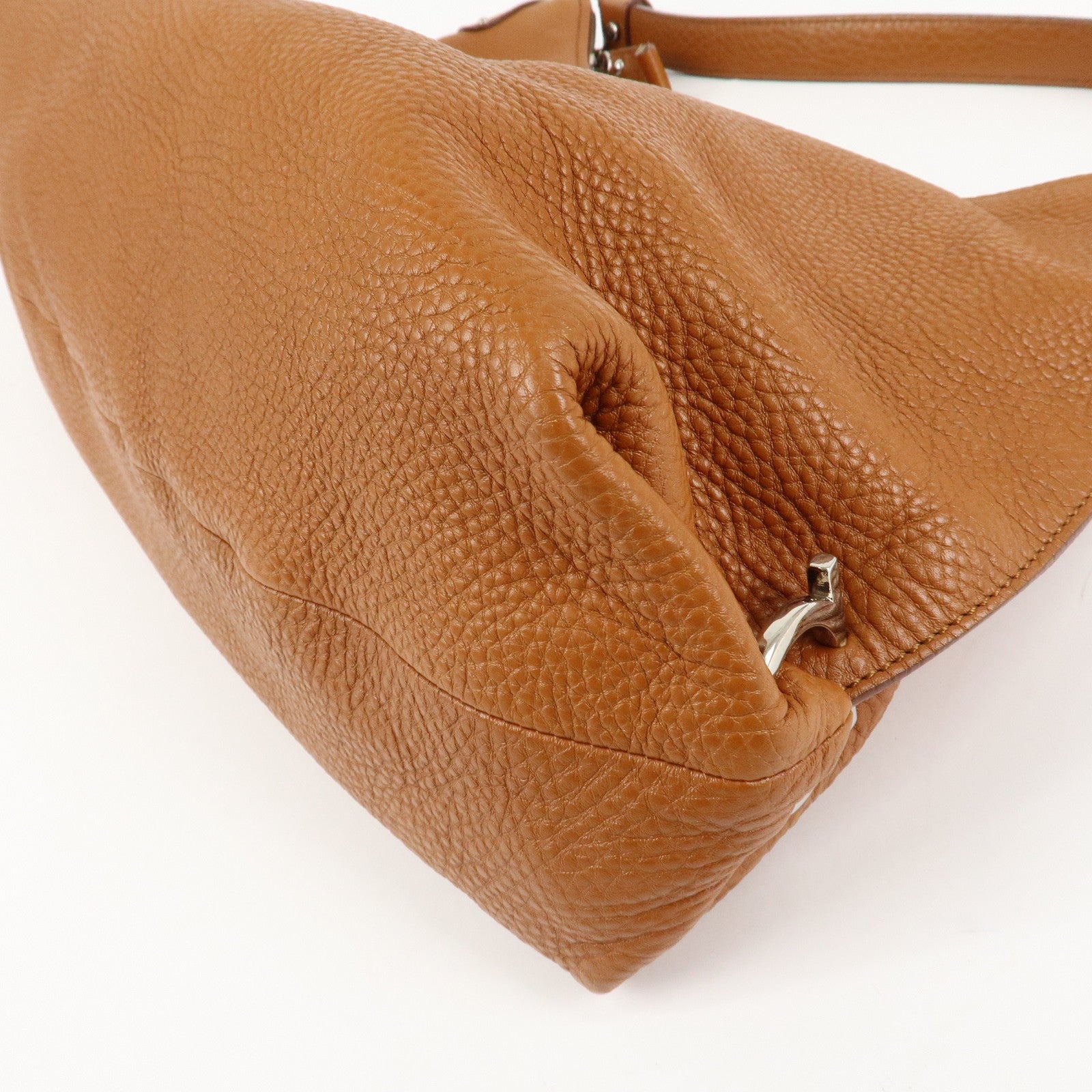 Ferragamo Gancini Leather Shoulder Bag Brown Silver Hardware Used