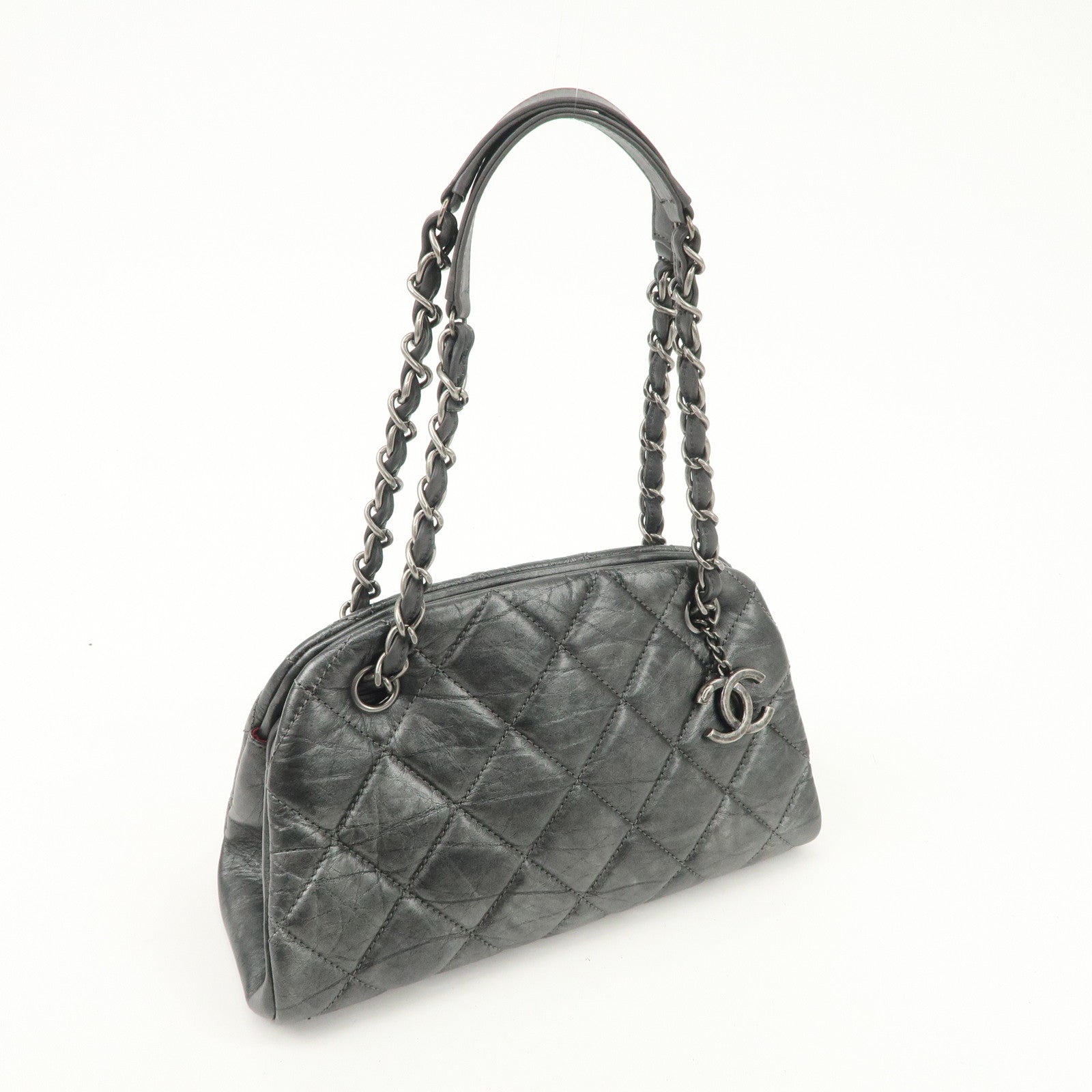 CHANEL Matelasse Leather Mademoiselle Chain Shoulder Bag Gray Silver Used