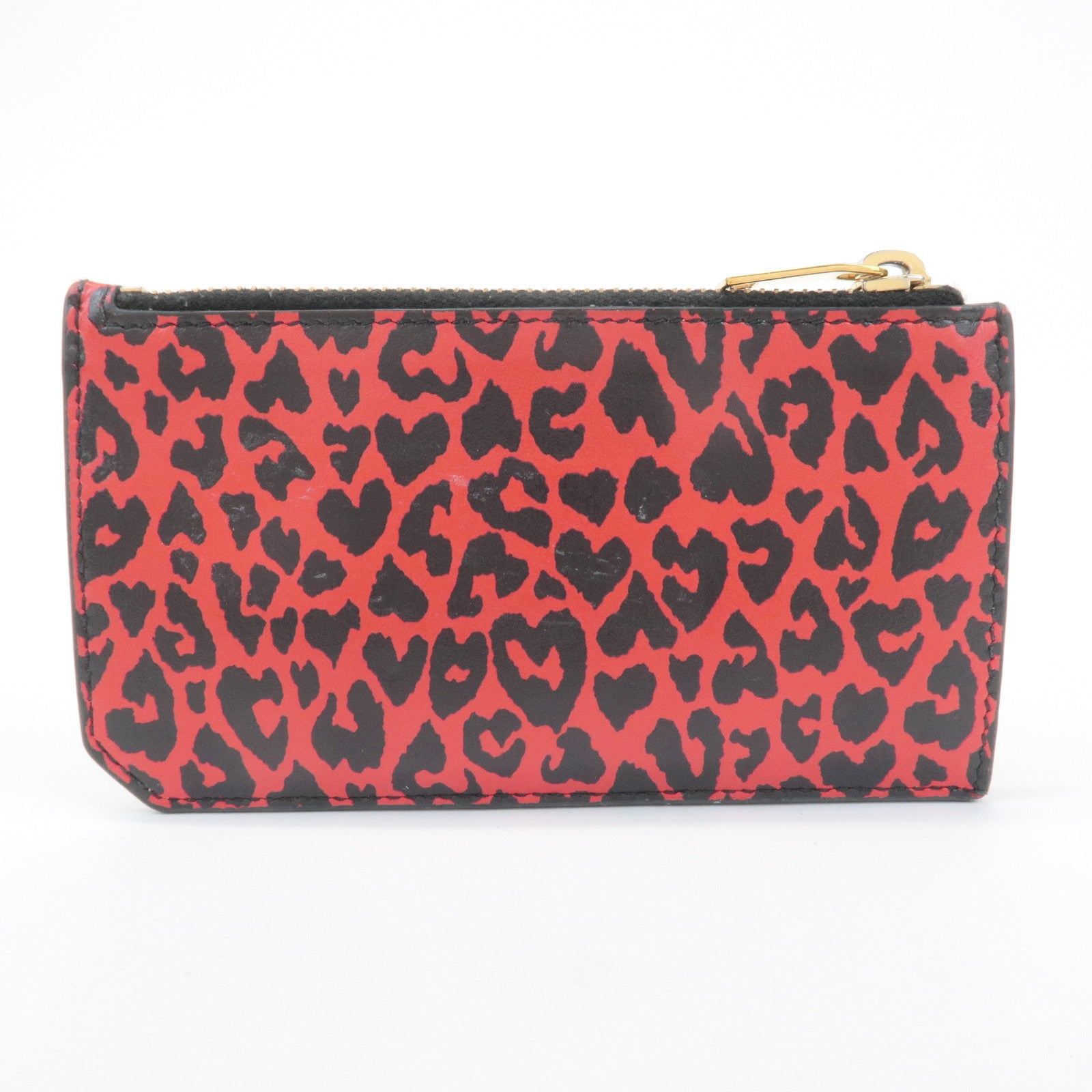Saint Lauren Leather Animal Leopard Coin Case Card Case Black Red Used