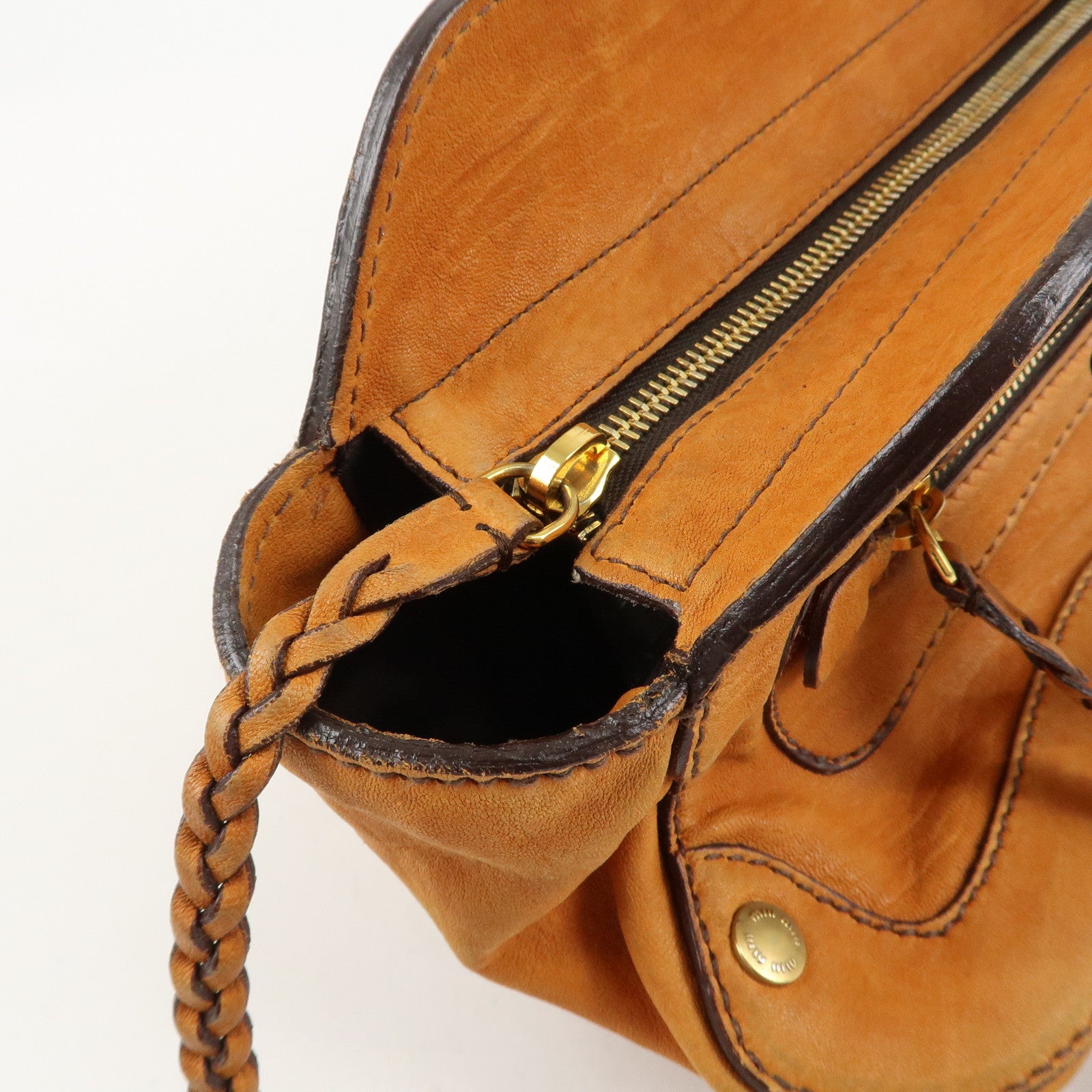 MIUMIU Logo Leather Shoulder Bag Boston Bag Hand Bag Gold HDW Brown Used