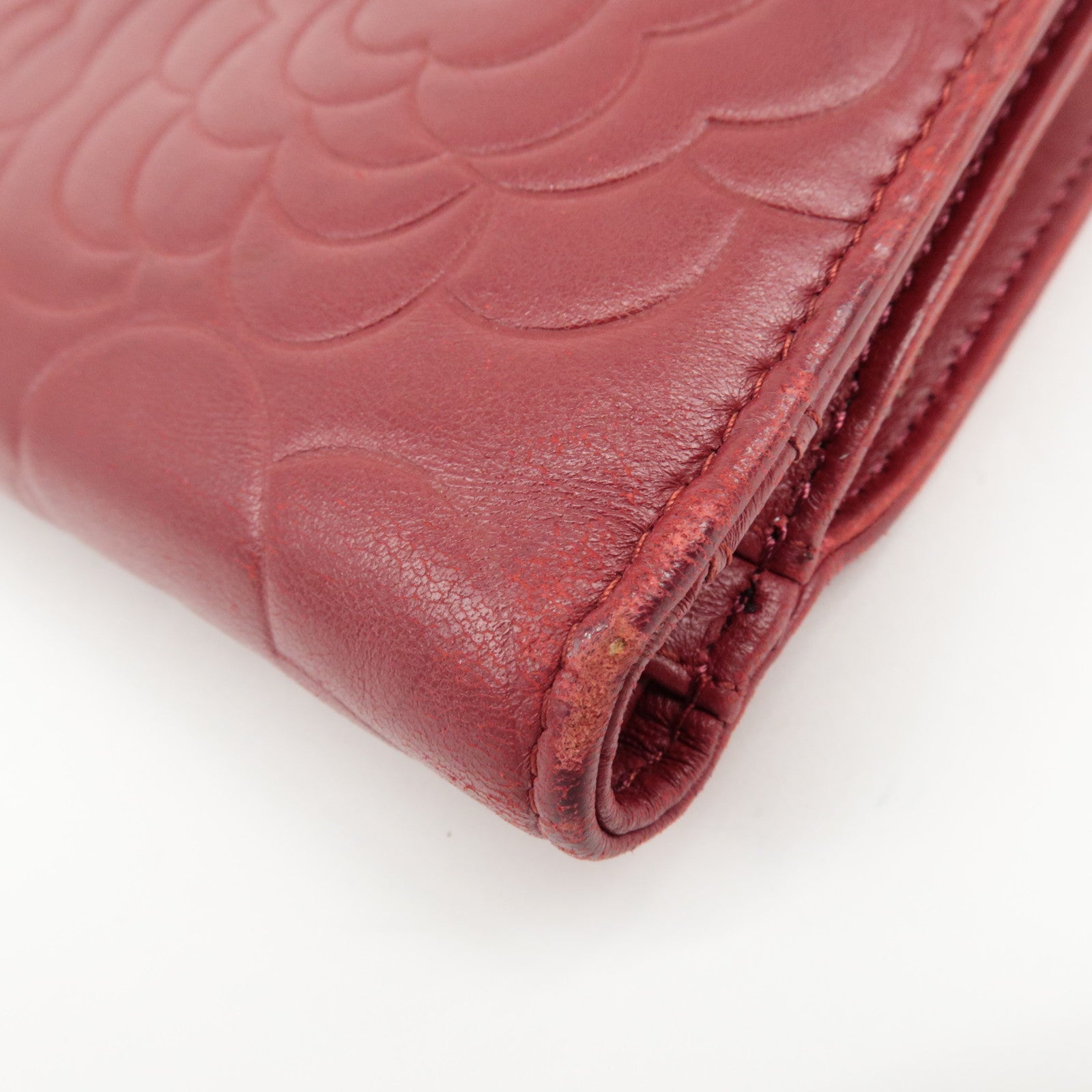 CHANEL COCO Mark Camelia Leather Bi-fold Wallet Red A50087 Used