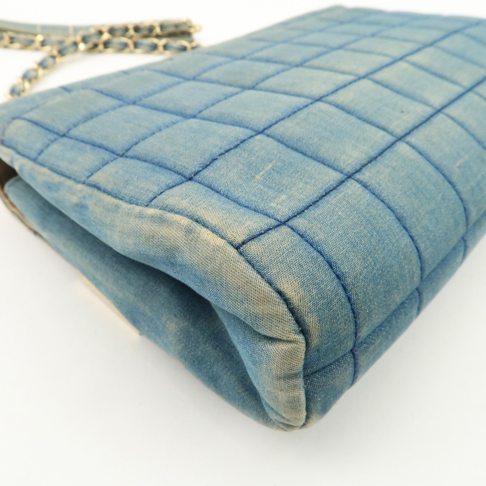 CHANEL COCO Mark Wide Stitch Chocolate Bar Chain Shoulder Bag Blue Gold Used