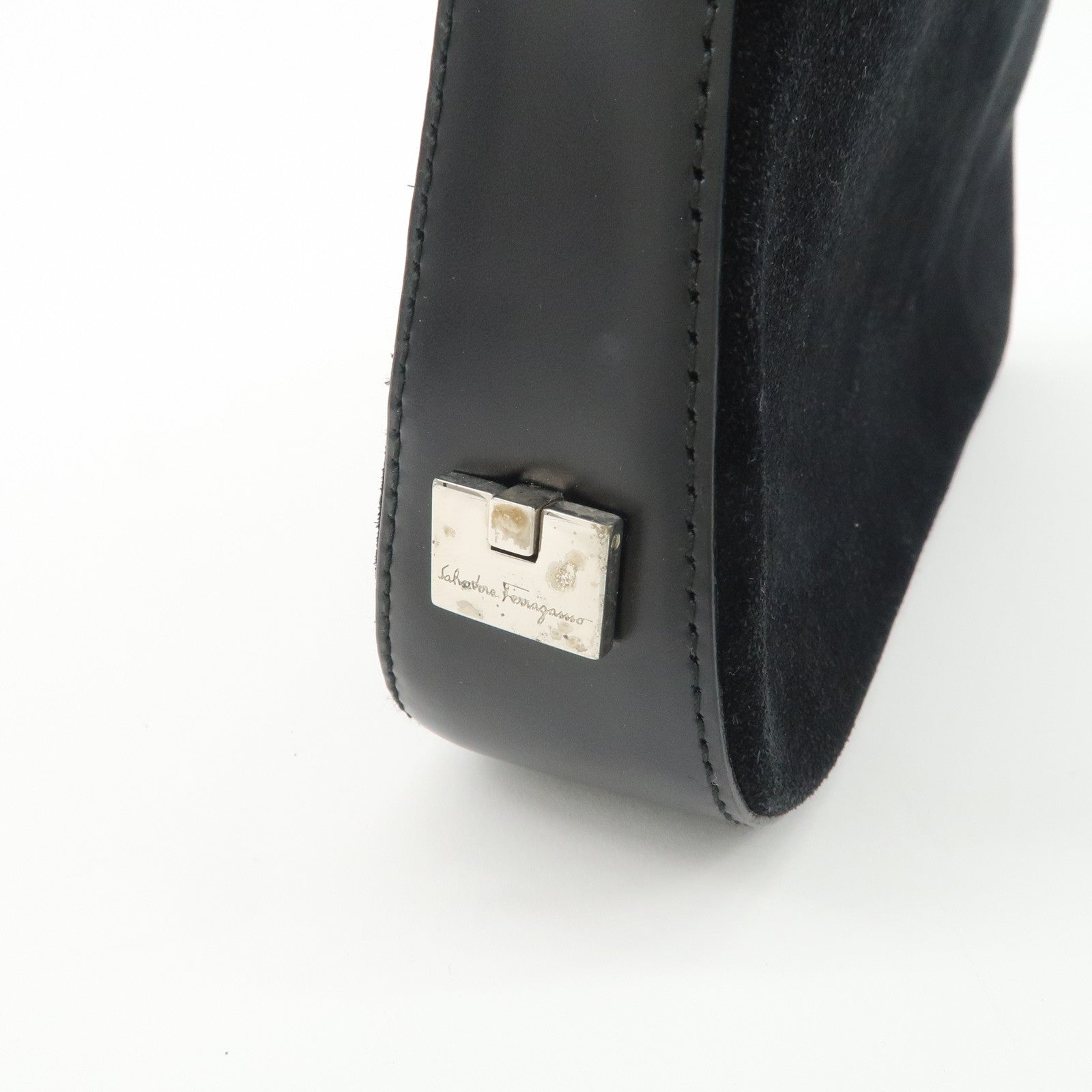 Ferragamo Logo Leather Suede Shoulder Bag Hand Bag Black