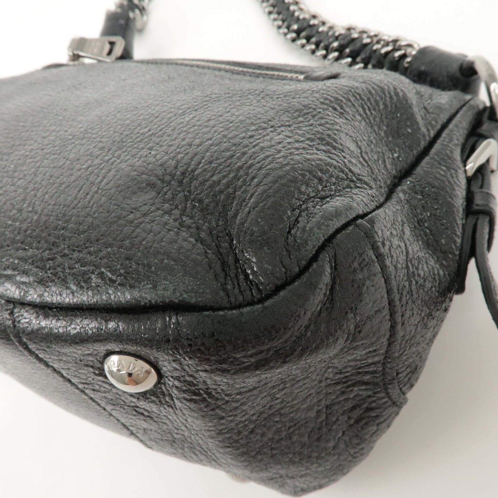 PRADA Logo Leather Chain Shoulder Bag Hand Bag Black BR4370 Used