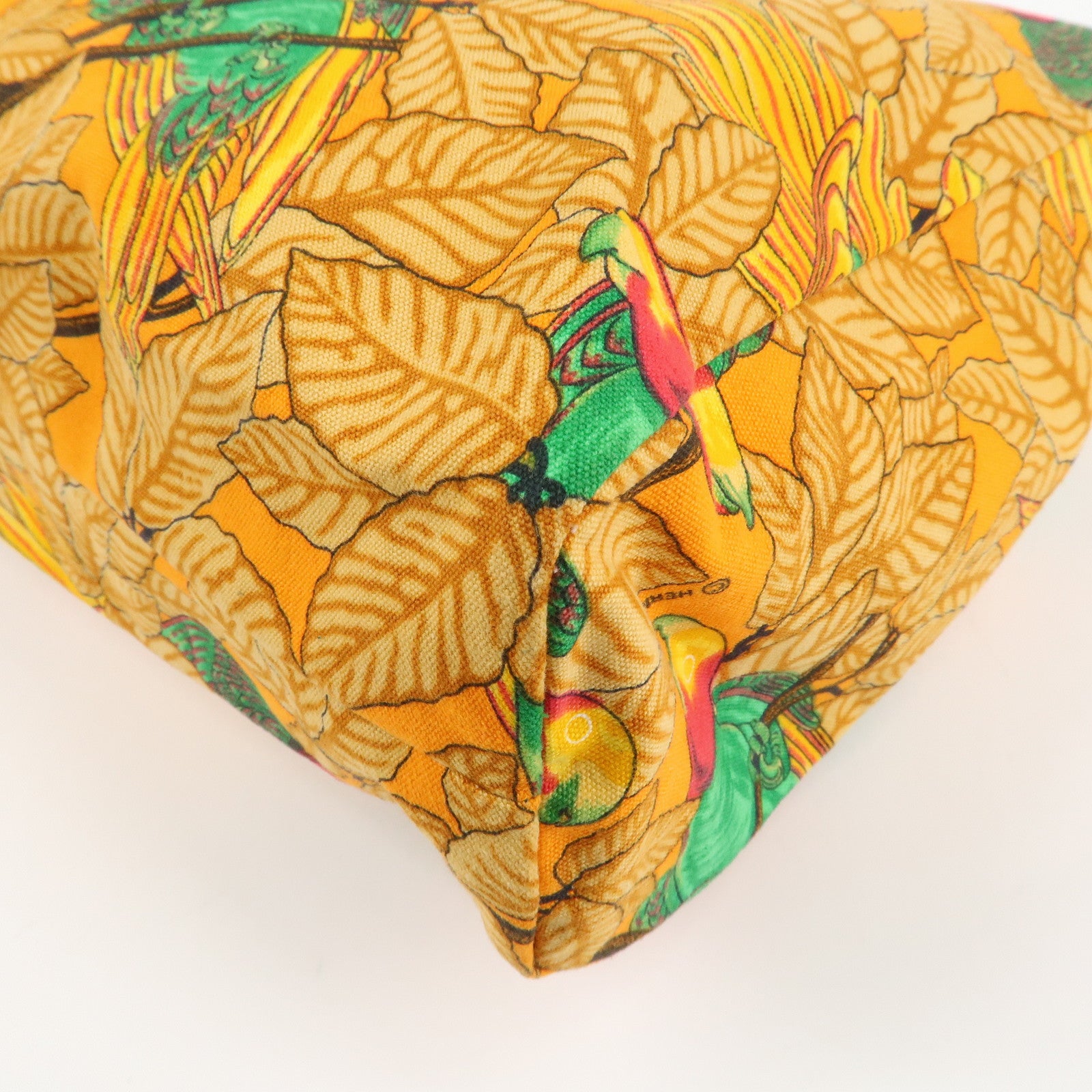 HERMES Cotton Canvas Tote Bag Shoulder Bag Parrot Pattern Orange Green Used