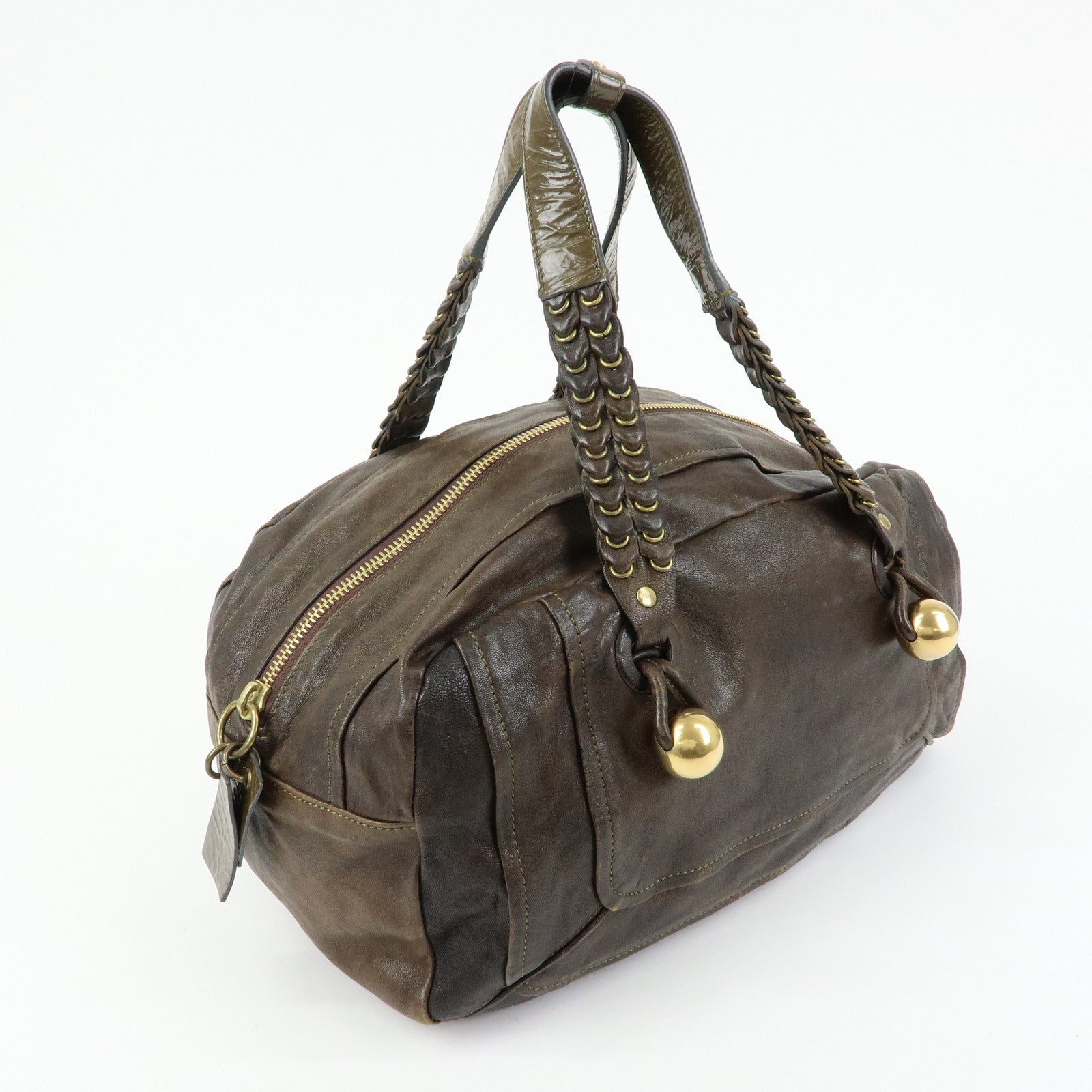 Chloe Leather Patent Leather Boston Bag Shoulder Bag Dark Brown