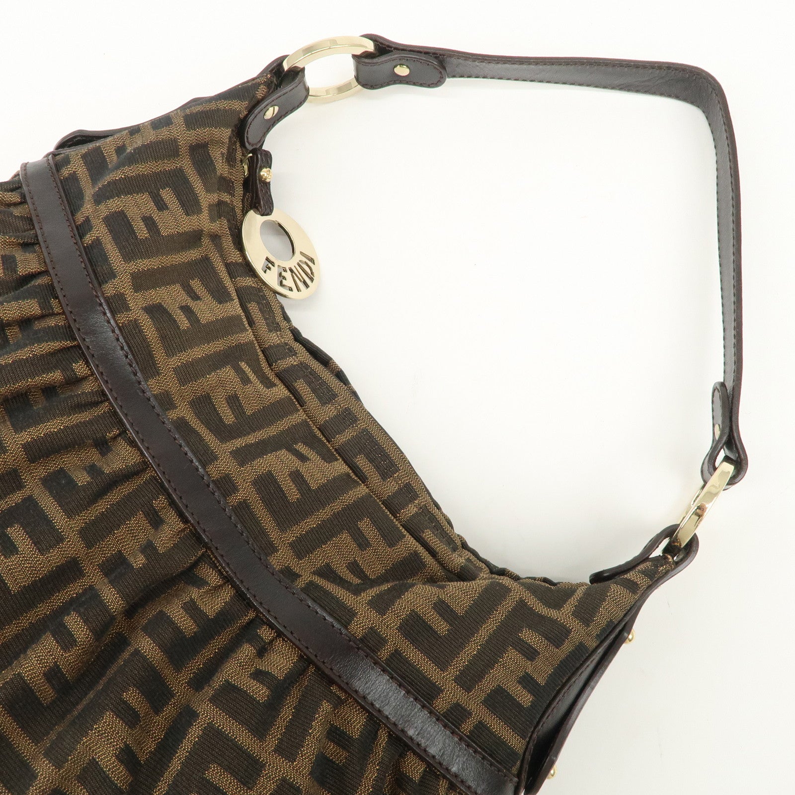 FENDI Zucca Canvas Leather Shoulder Bag Hand Bag Black Brown 8BR448