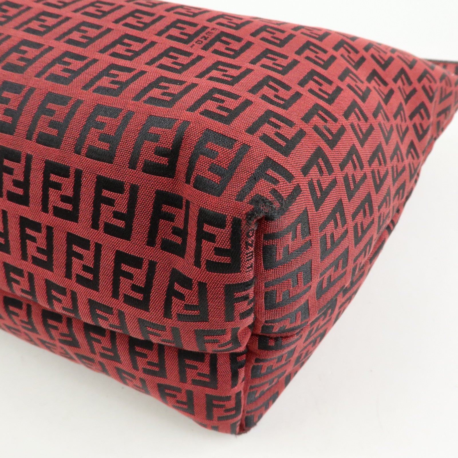 FENDI Zucchino Canvas Leather Tote Bag Hand Bag Red Black 8BH005
