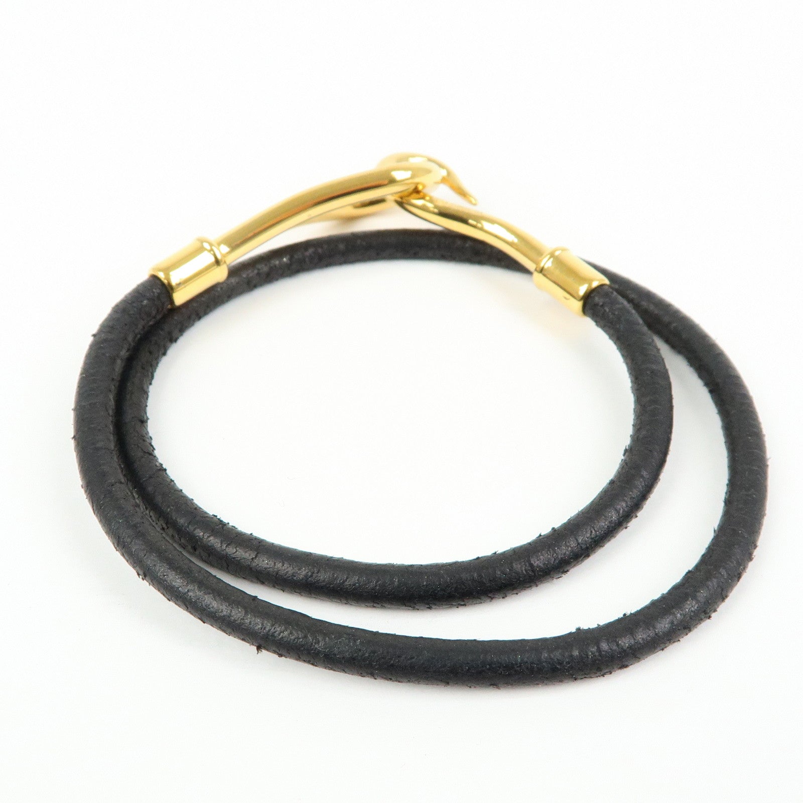 HERMES Jumbo Choker Leather Metal Bracelet Black Gold