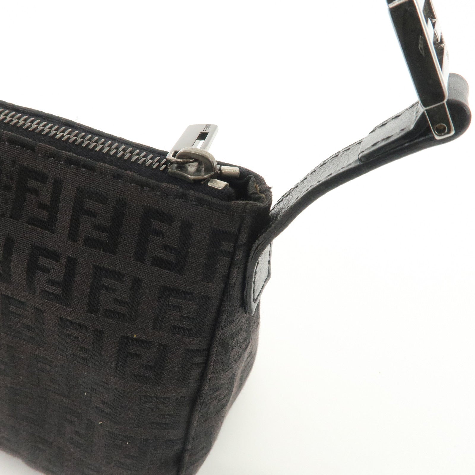 FENDI Zucchino Canvas Leather Shoulder Bag Black Brown 8BR444 Used