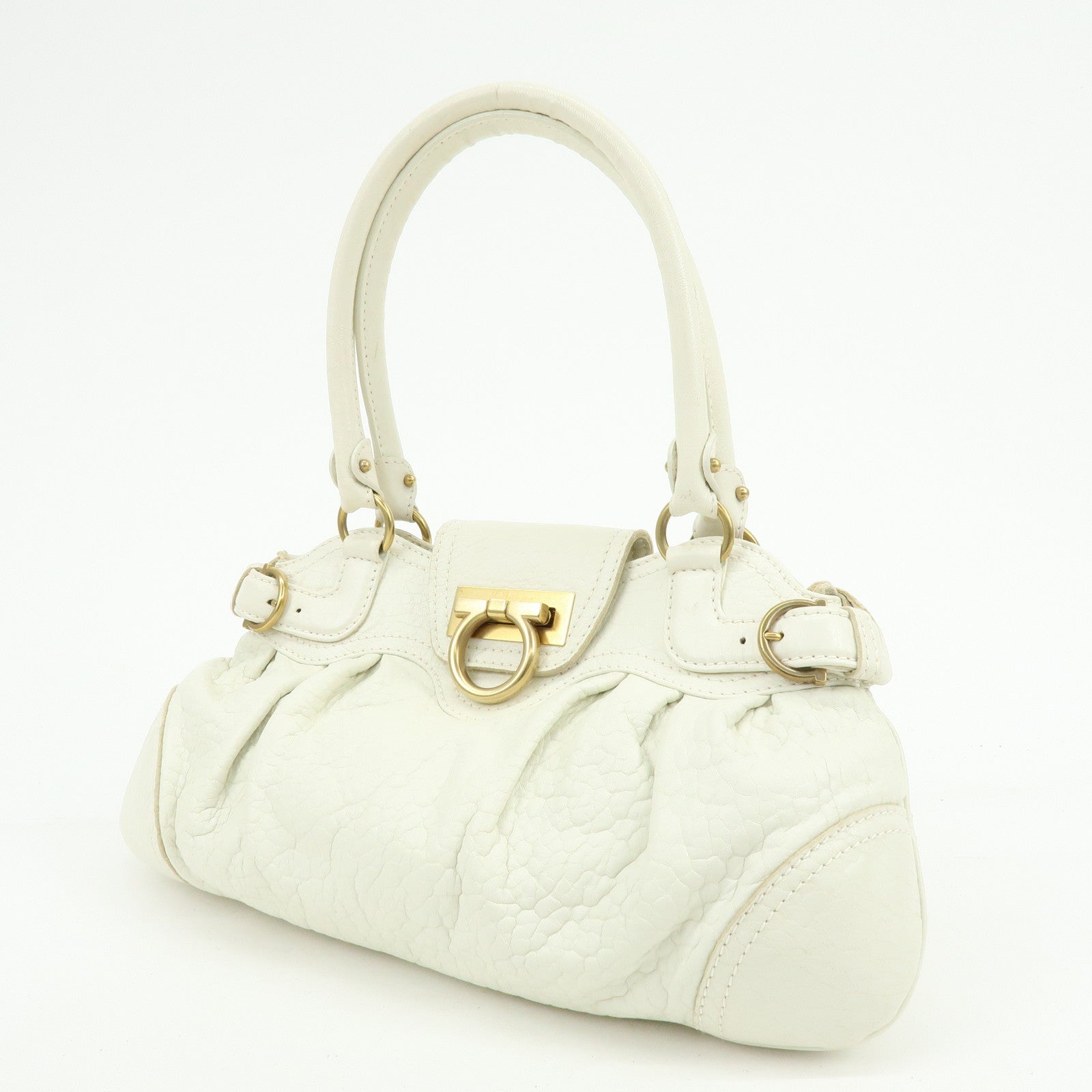 Ferragamo Gancini Leather Shoulder Bag Hand Bag White