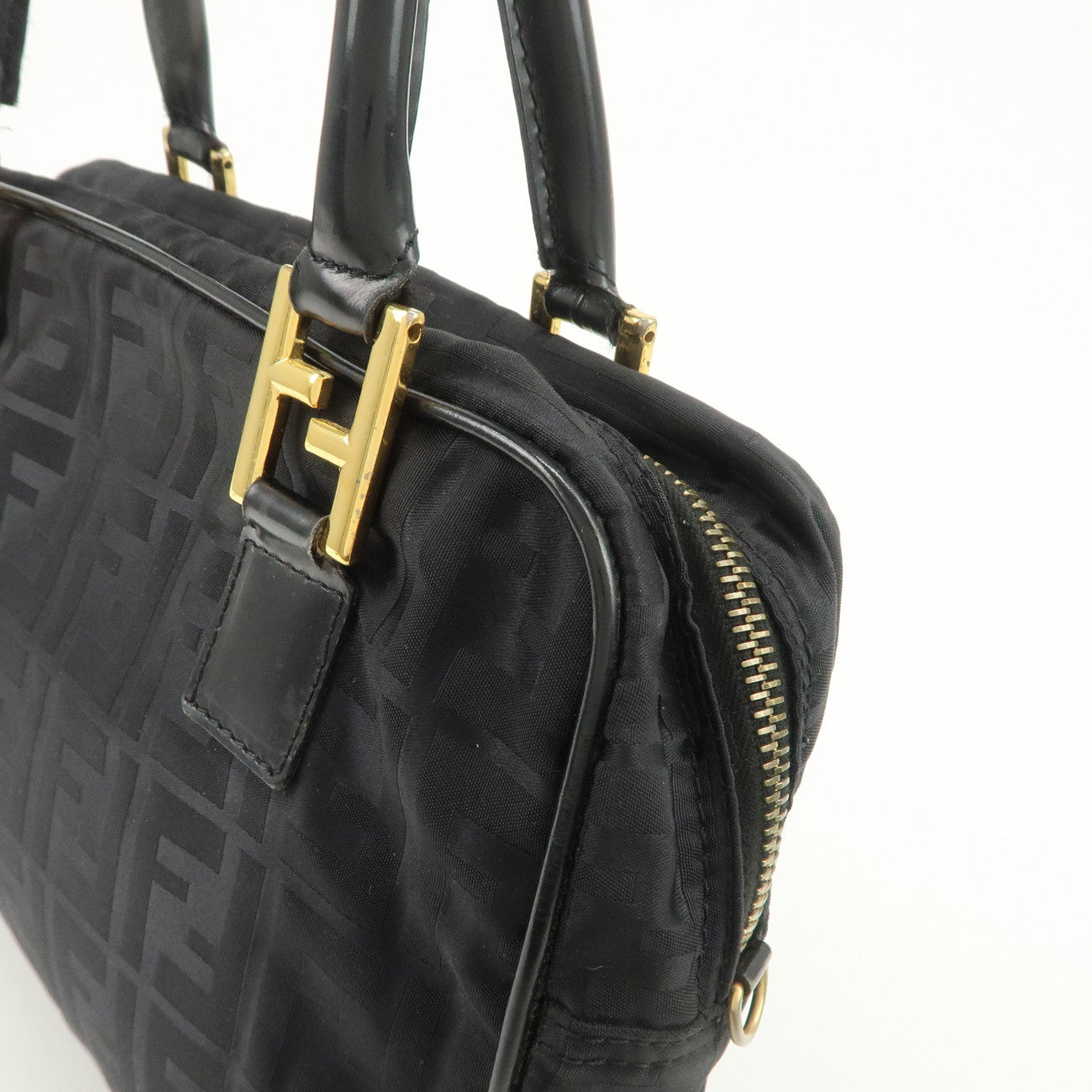 FENDI Zucca Nylon Hand Bag Shoulder Bag Black Gold