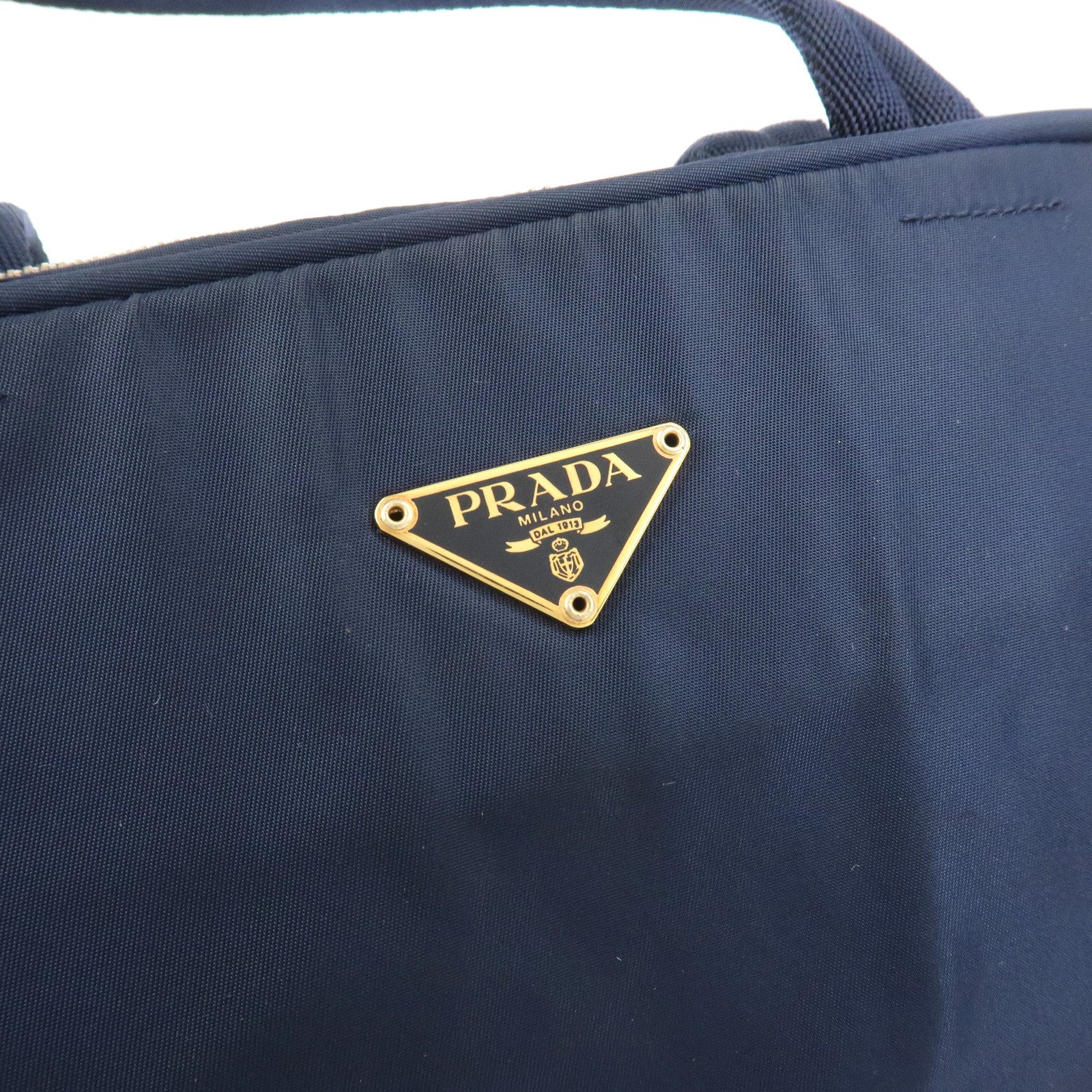 PRADA Triangle Logo Nylon Leather Hand Bag Navy