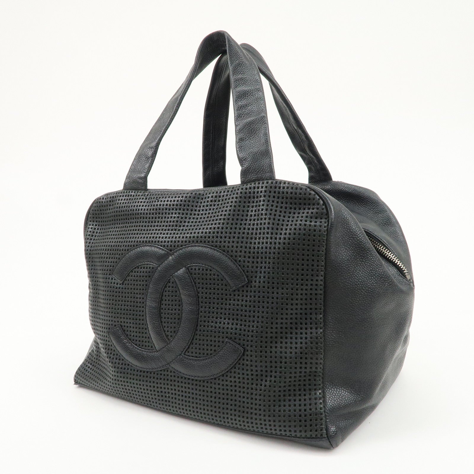 CHANEL COCO Mark Caviarskin Punching Boston Bag Black Used
