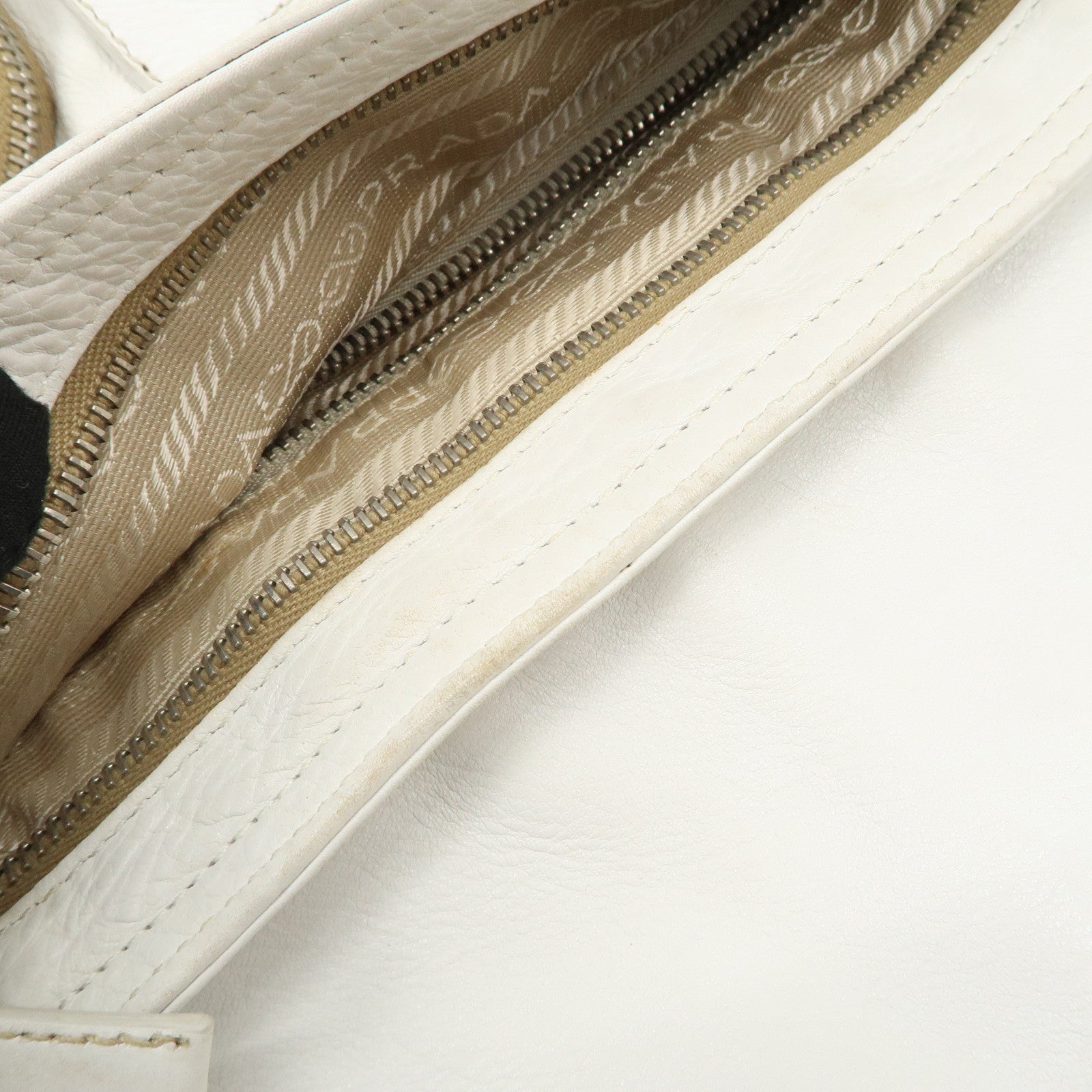 PRADA Triangle Logo Leather Nylon Shoulder Bag White Beige