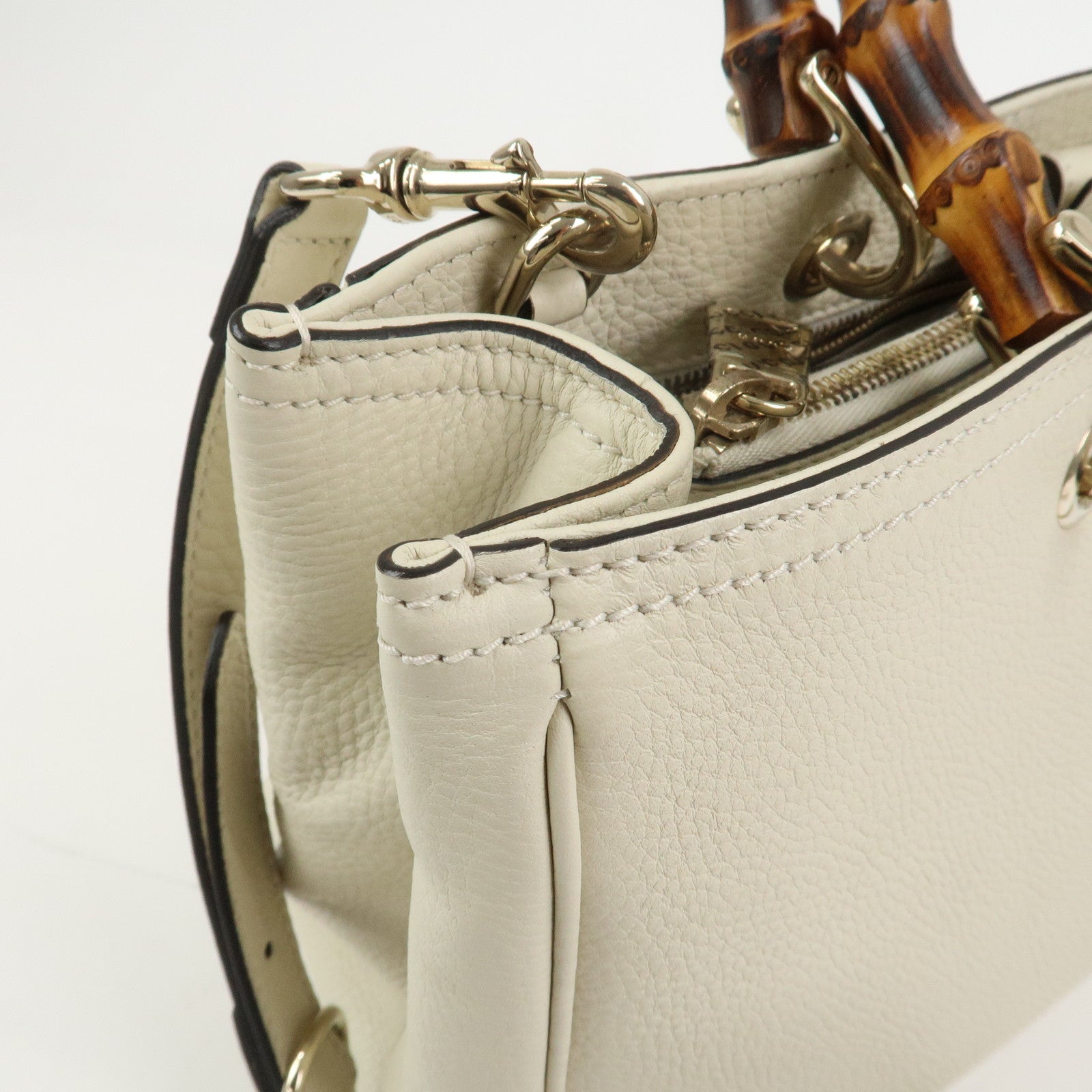 GUCCI Bamboo Leather Shopper Medium 2Way Shoulder Bag Ivory 323660