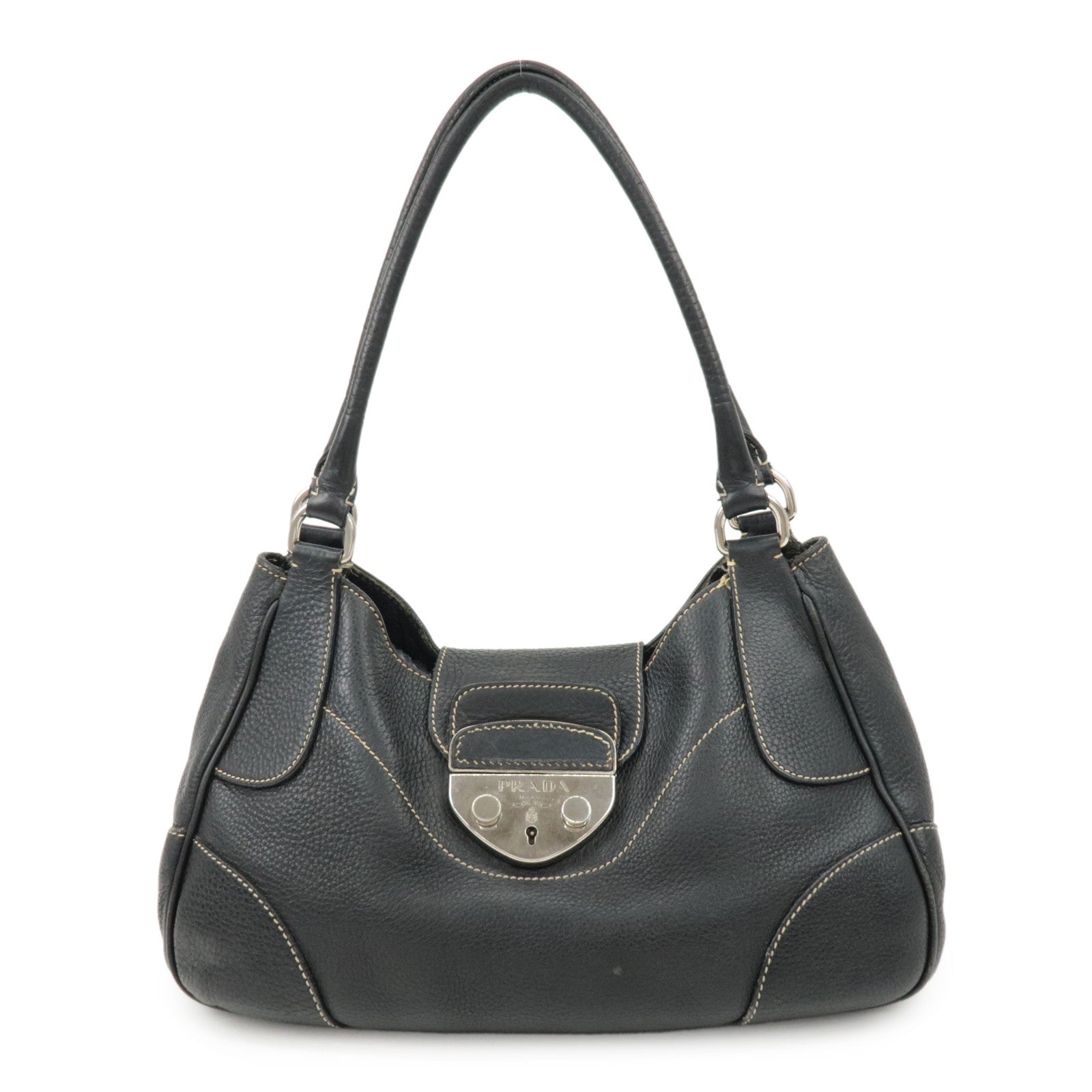 PRADA Logo Leather Shoulder Bag Hand Bag Black BR3593 Used