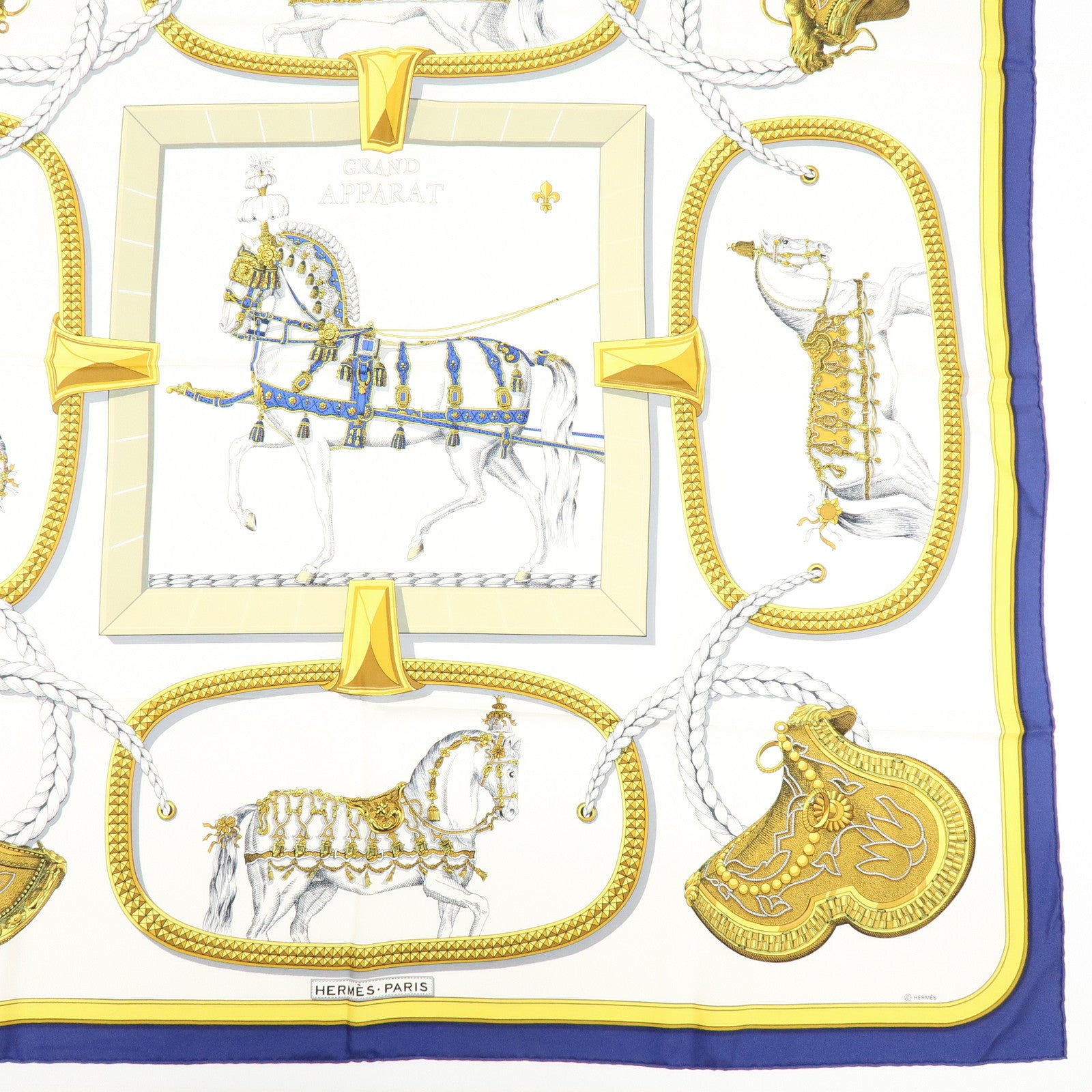 HERMES Carre 90 Silk 100% Scarf GRAND APPARAT Navy White Gold