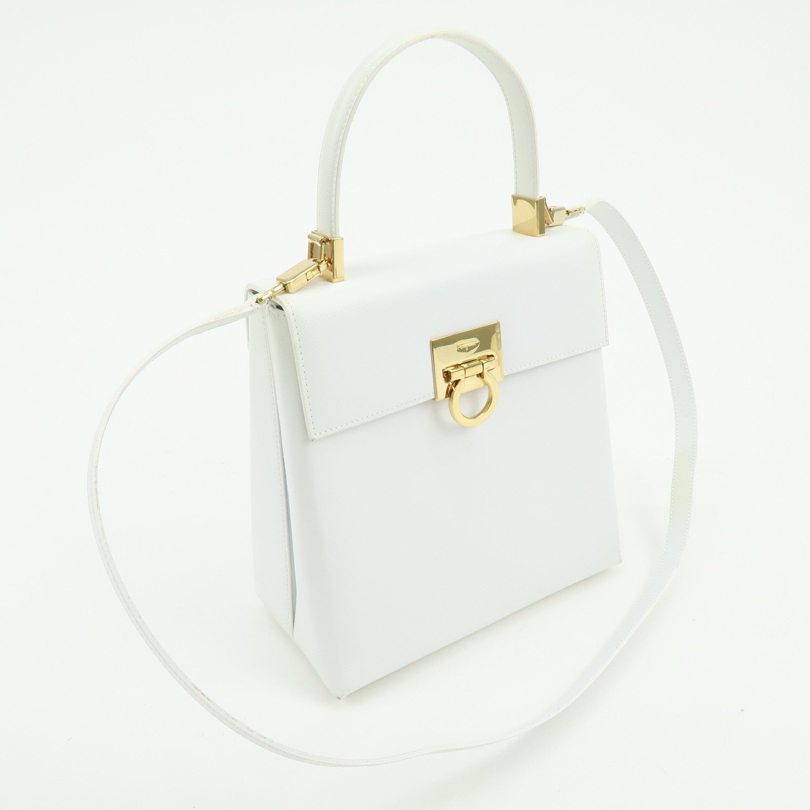 Ferragamo Gancini Leather 2Way Bag Hand Bag Shoulder Bag White