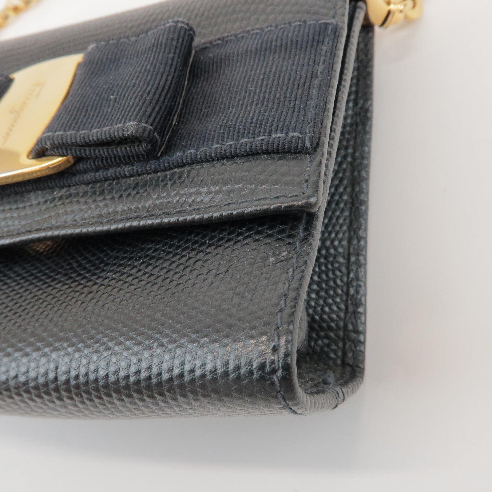 Ferragamo Vara Ribbon Embossed Leather Chain Shoulder Bag Navy